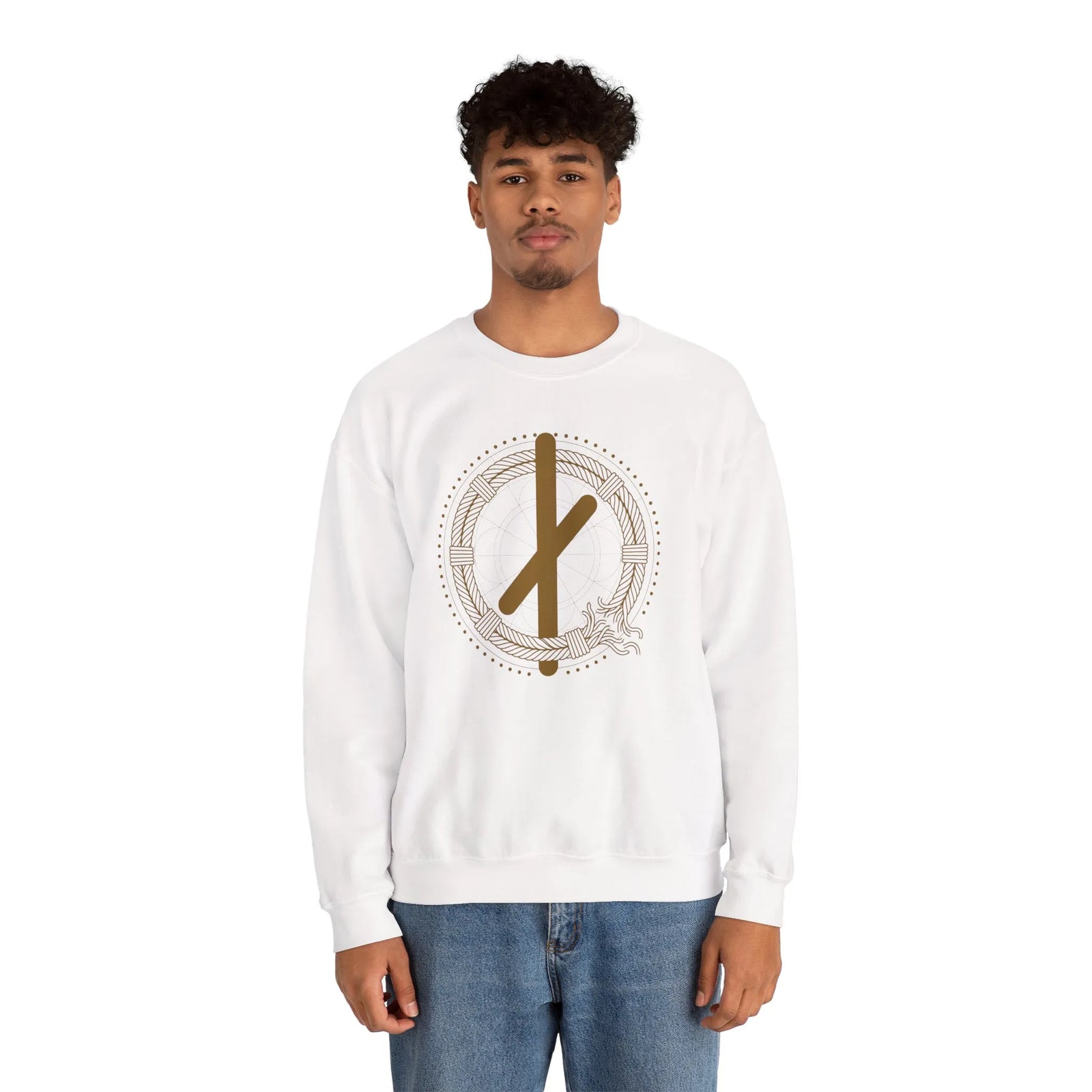 ᚾ Nauthiz Runic Design Sweatshirt - Heavy Blend Crewneck Fleece - Unisex White