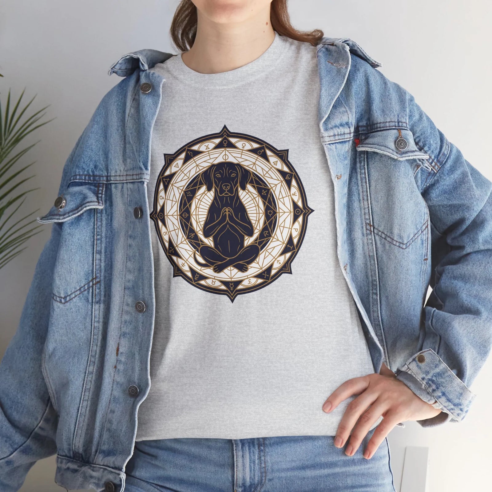 Meditating Dog Sacred Geometry T-Shirt - Heavy Cotton Classic Fit Tee - Unisex White