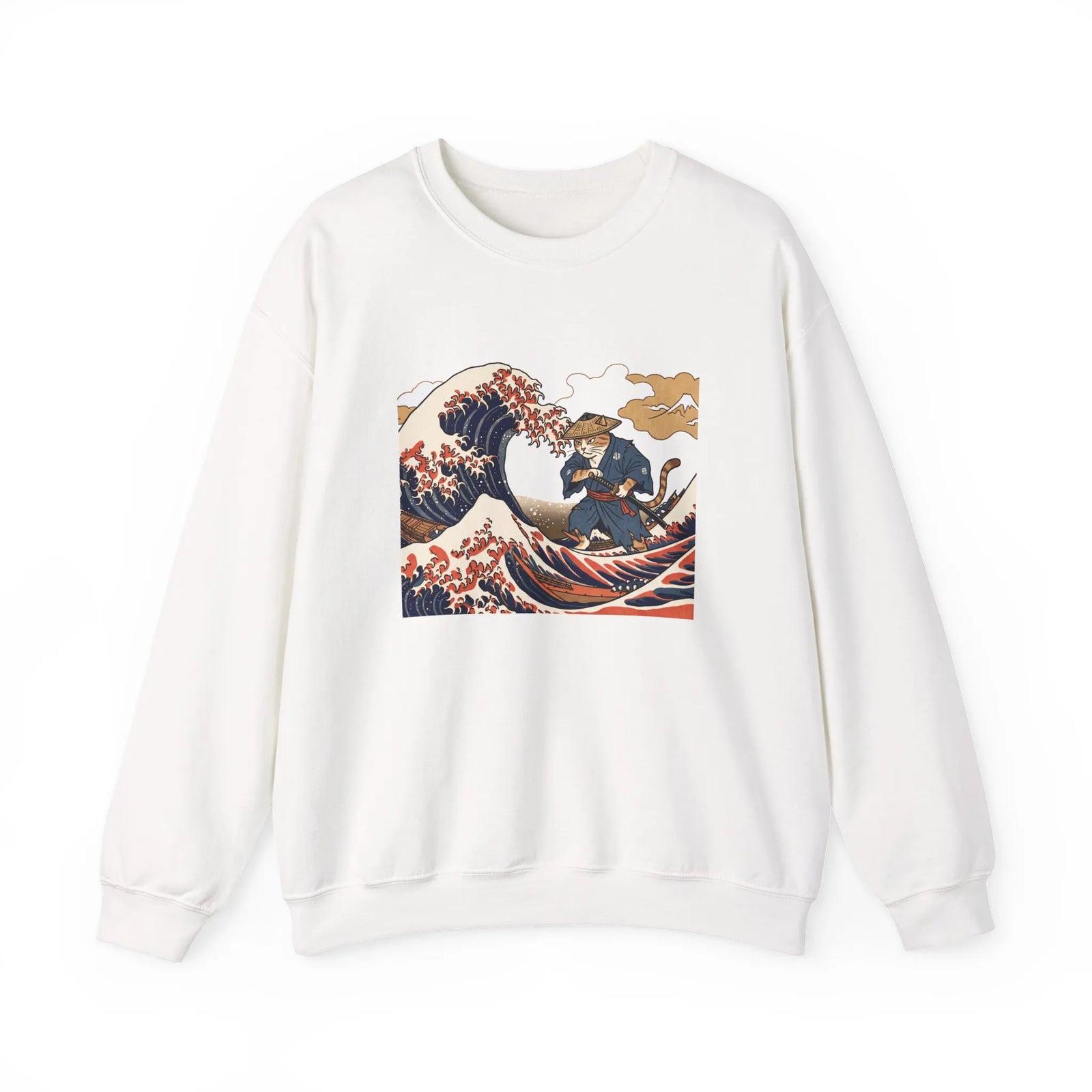 Ukiyo-e Samurai Cat Great Wave Sweatshirt - Heavy Blend Cotton Blend Crewneck - Unisex White