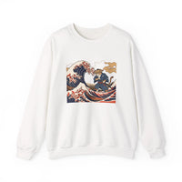 Ukiyo-e Samurai Cat Great Wave Sweatshirt - Heavy Blend Cotton Blend Crewneck - Unisex White