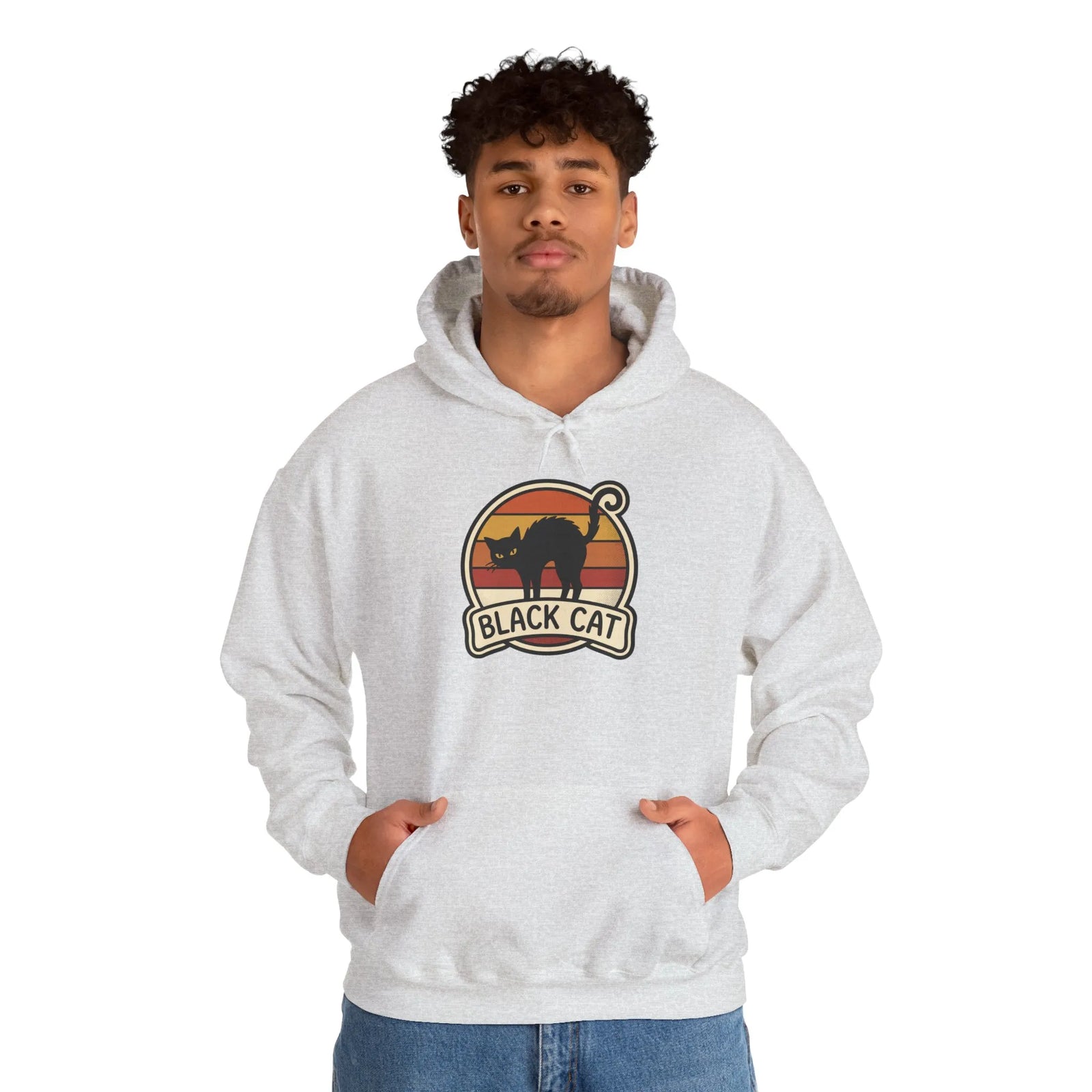 Black Cat Retro Sunset Hoodie - Heavy Blend Cotton-Poly Fleece - Unisex White