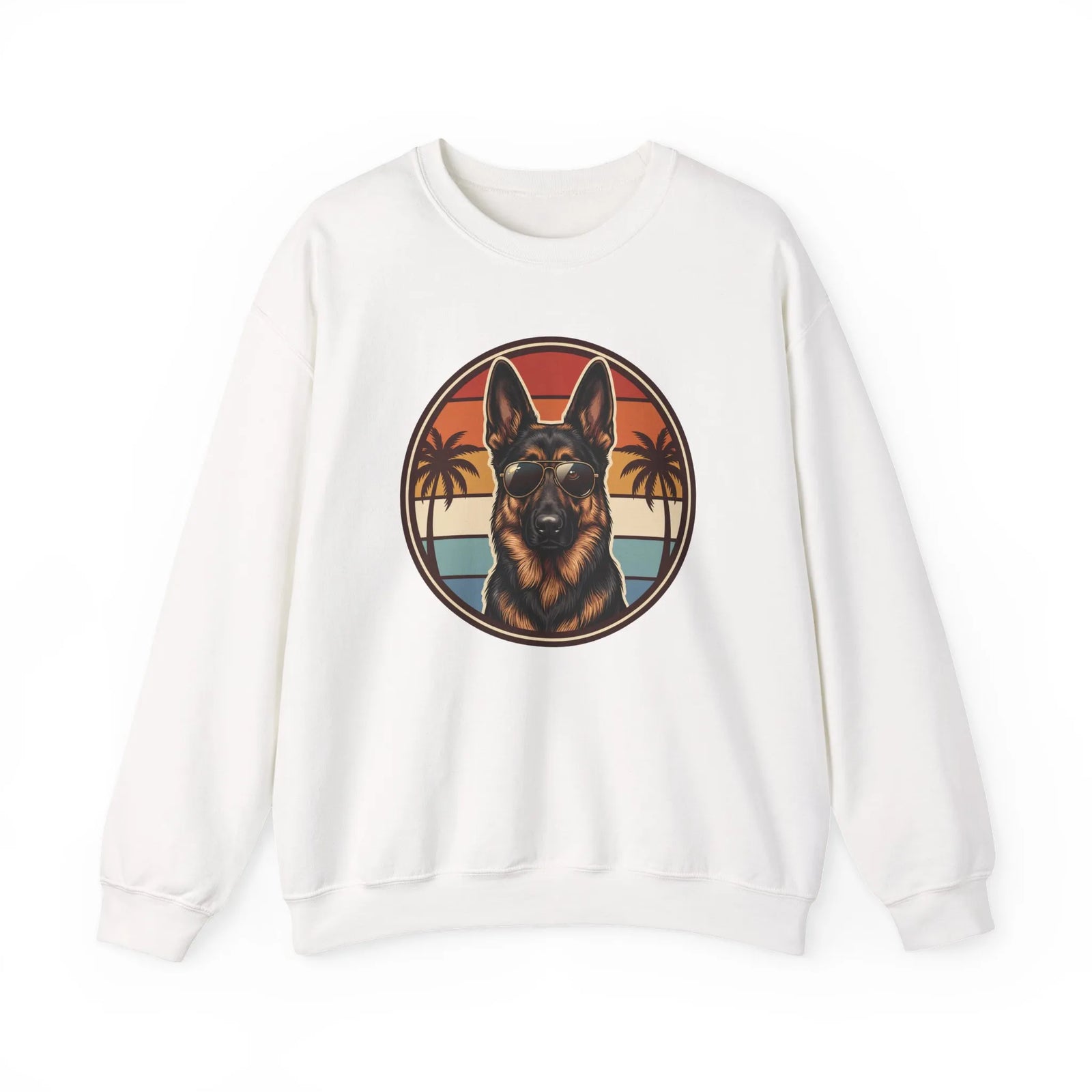 German Shepherd 70s Sunset Aviators Sweatshirt - Heavy Blend Cotton-Poly Crewneck - Unisex White