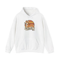 Corgi Retro 70s Sunset Graphic Hoodie - Soft Cotton-Poly Blend Pullover - Unisex White