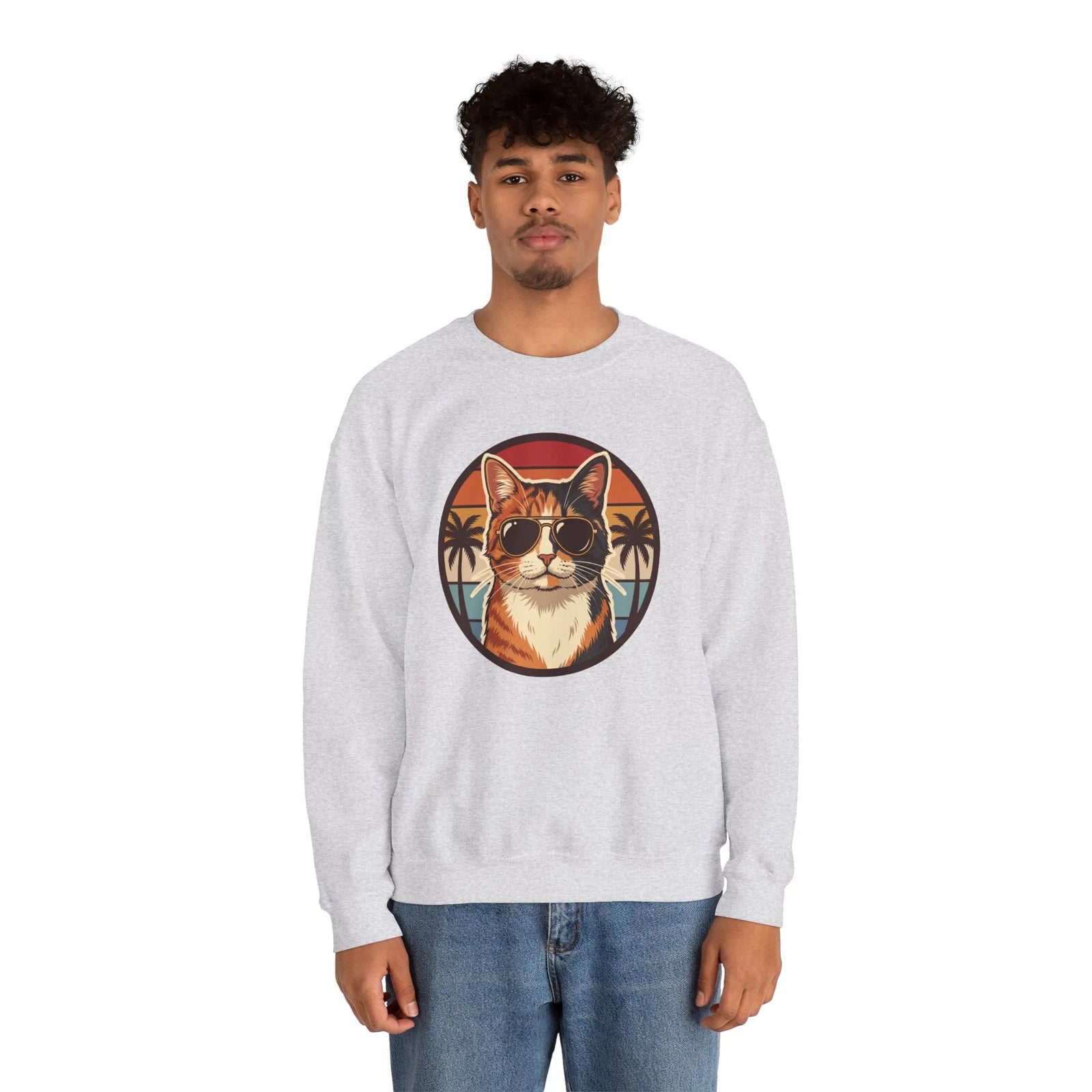 Calico Cool Cats 70s Sunset Aviators Sweatshirt - Medium Heavyweight Fleece Crewneck - Unisex White