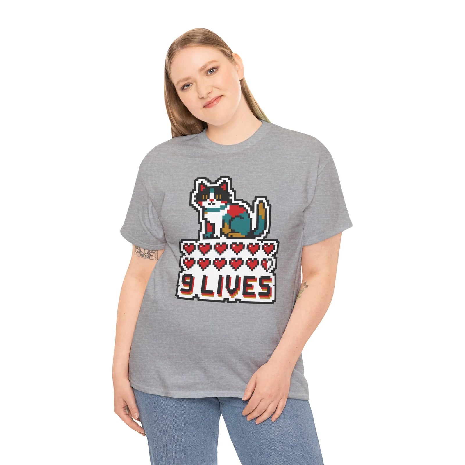 Nine Lives 8-Bit Pixel Gaming Cat T-Shirt - Heavy Cotton Classic Fit - Unisex White