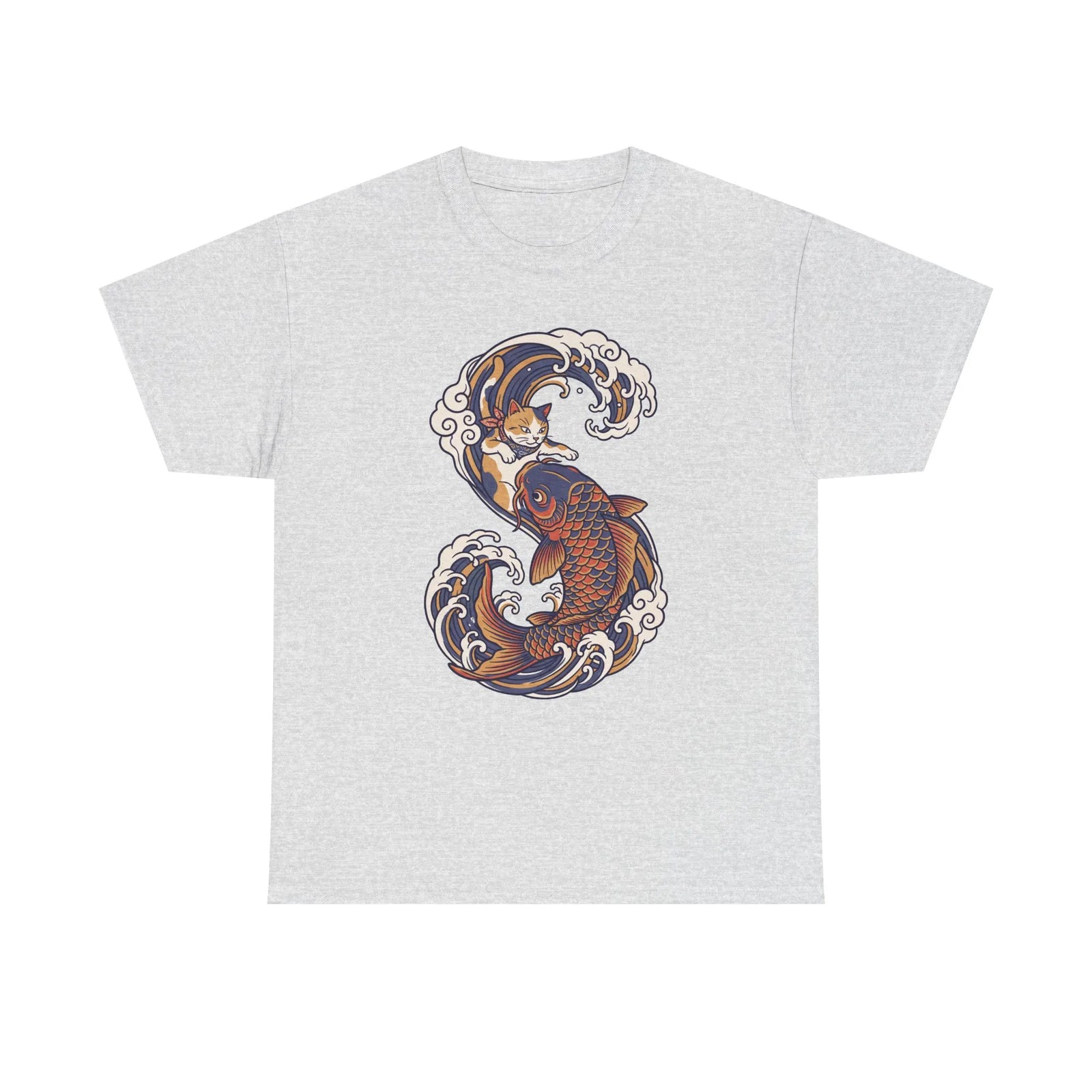 Koi Rider Ukiyo-e Samurai Cat T-Shirt - Heavy Cotton Classic Fit Tee - Unisex White