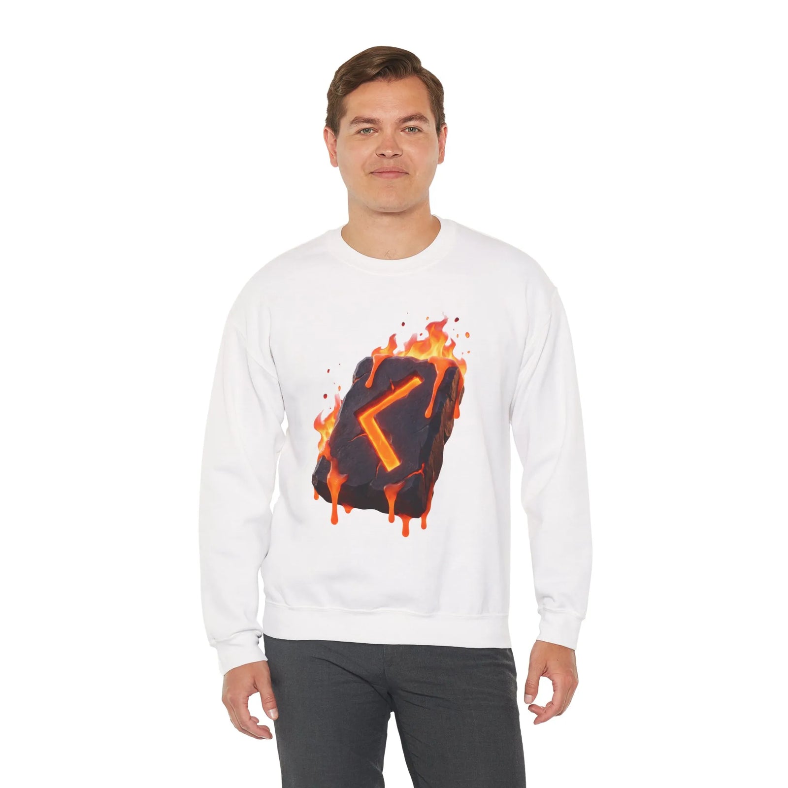 Kenaz Rune Fire Graphic Sweatshirt - Heavy Blend Fleece Crewneck - Unisex White