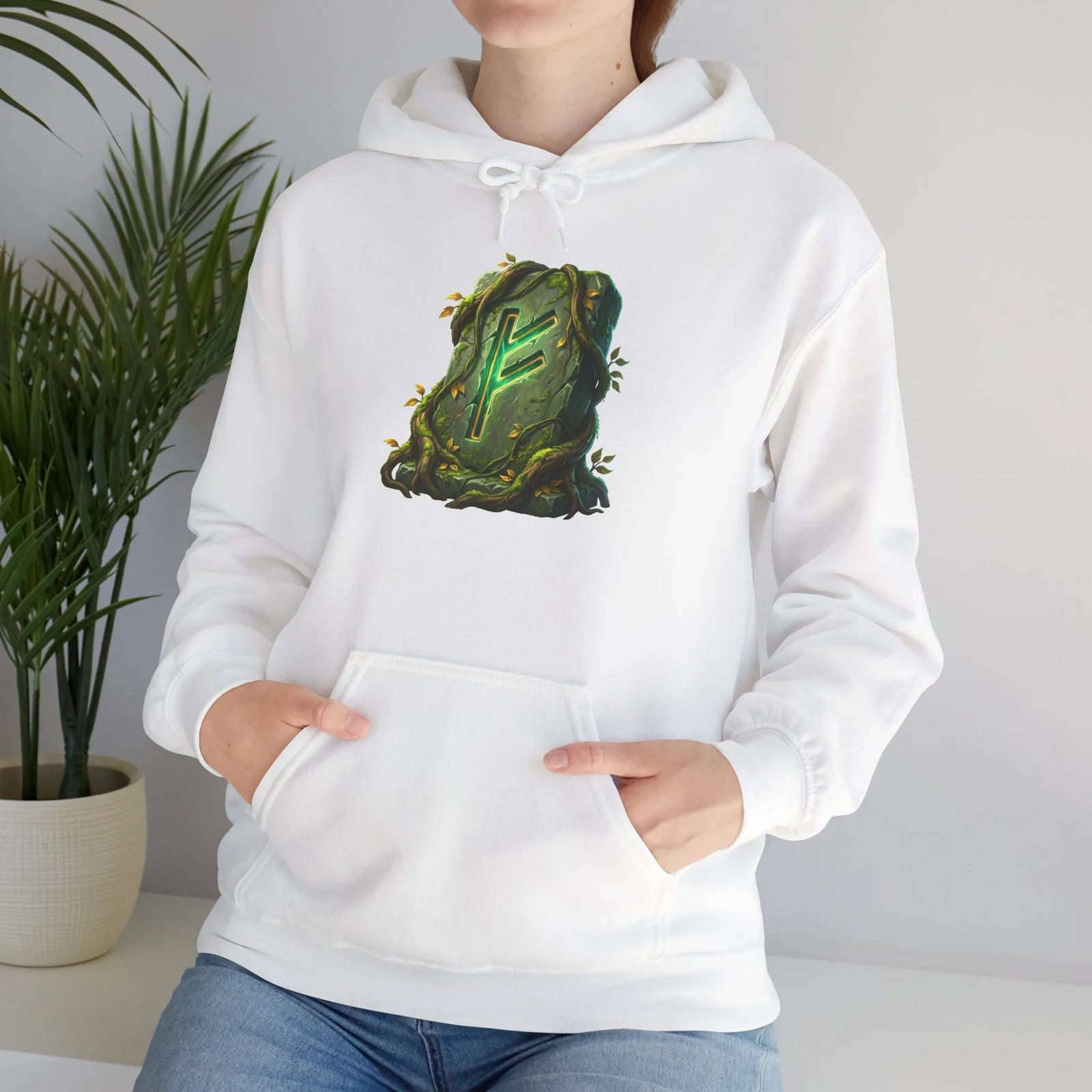Fehu Rune Norse Symbol Hoodie - Soft Cotton Blend Pullover - Unisex Off White