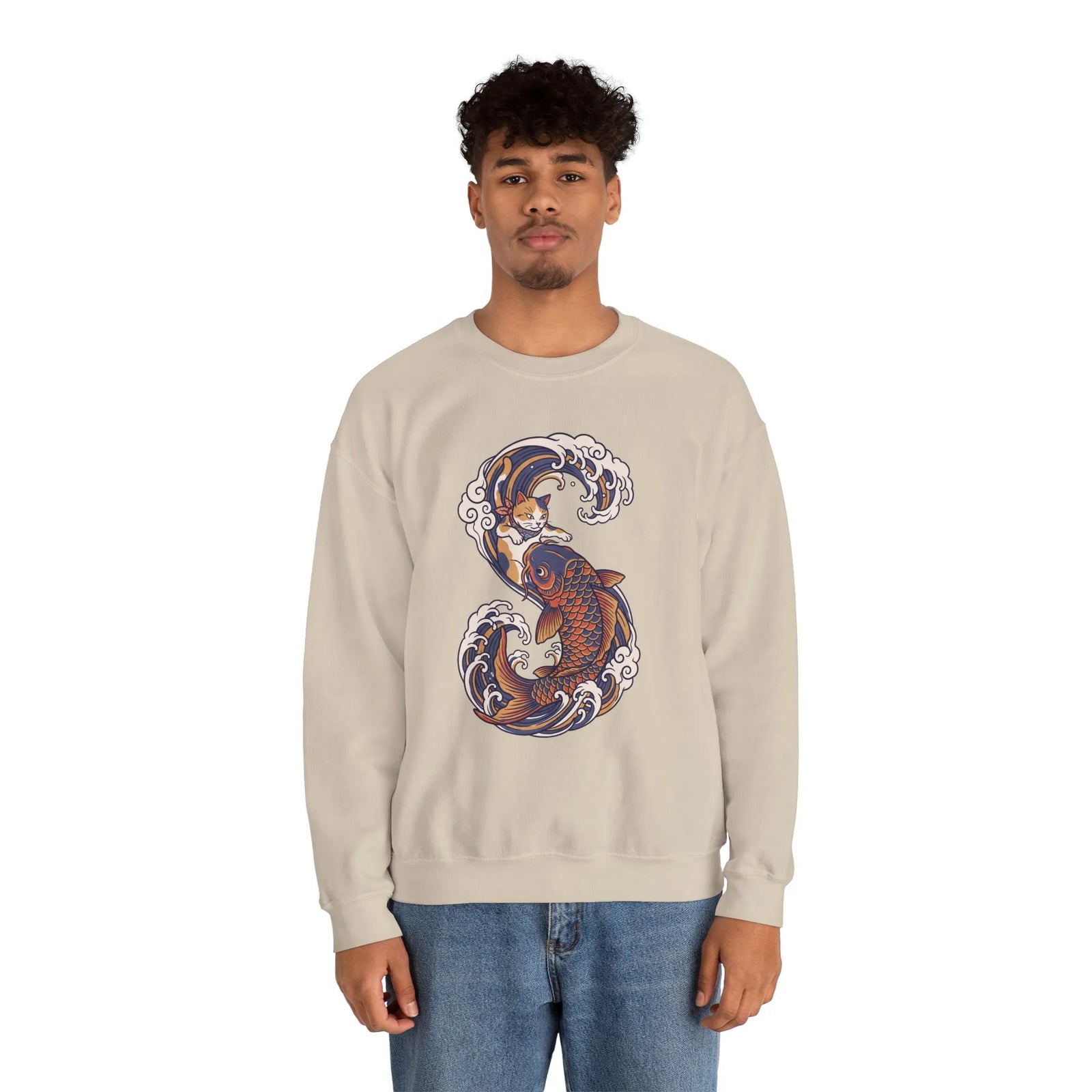 Koi Rider Ukiyo-e Samurai Cats Sweatshirt - Heavy Blend Fleece Crewneck - Unisex Ash