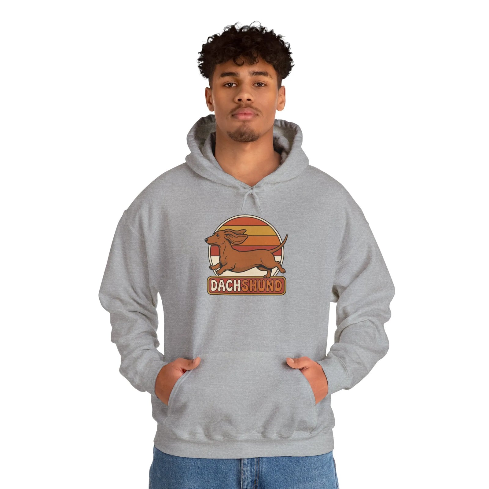 Dachshund Retro 70s Sunset Hoodie - Classic Fit Fleece Pullover - Unisex White