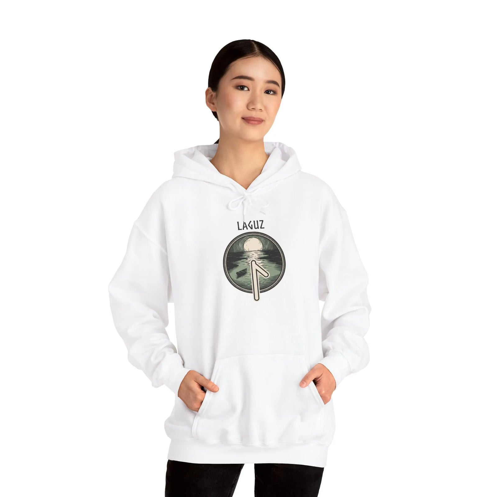 Laguz Rune Water Moon Graphic Hoodie - Medium-Heavy Cotton Blend Pullover - Unisex White