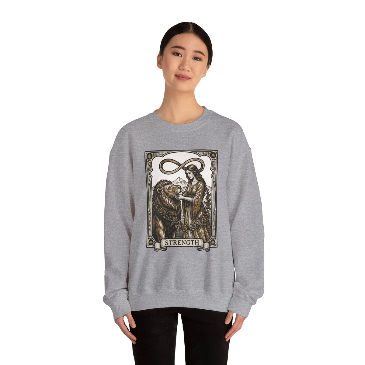 Strength Tarot Card Sweatshirt - Heavy Blend Crewneck Fleece - Unisex White