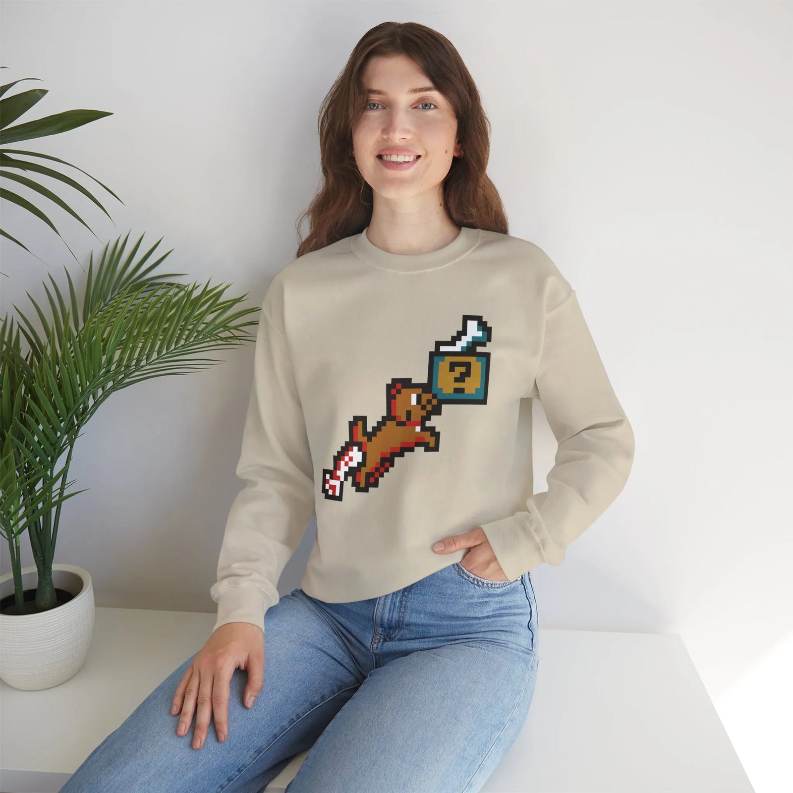 Fetch Quest 8-Bit Pixel Gaming Dog Sweatshirt - Heavy Blend Cotton Polyester Crewneck - Unisex White