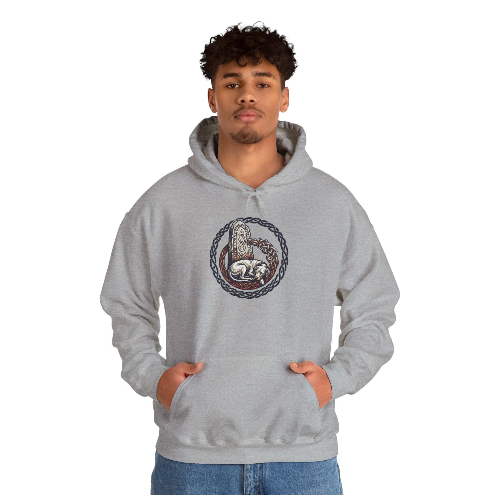 Norse Woodcut Runestone Hound Hoodie - Heavyweight Cotton Blend Pullover - Unisex White