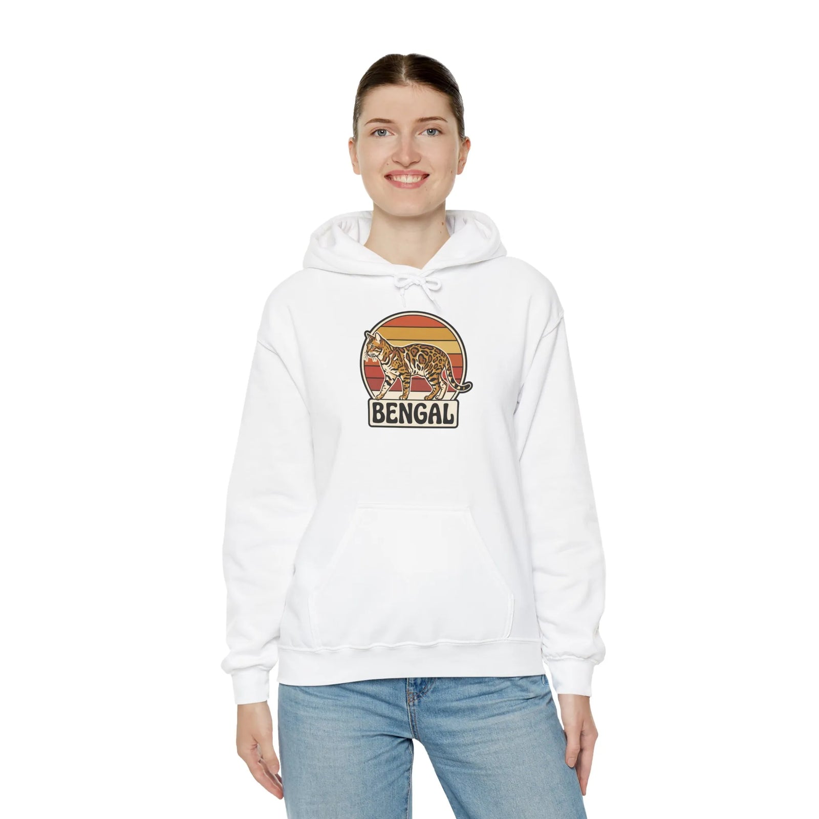 Retro 70s Sunset Bengal Cat Hoodie - Cozy Fleece Blend Pullover - Unisex Ash