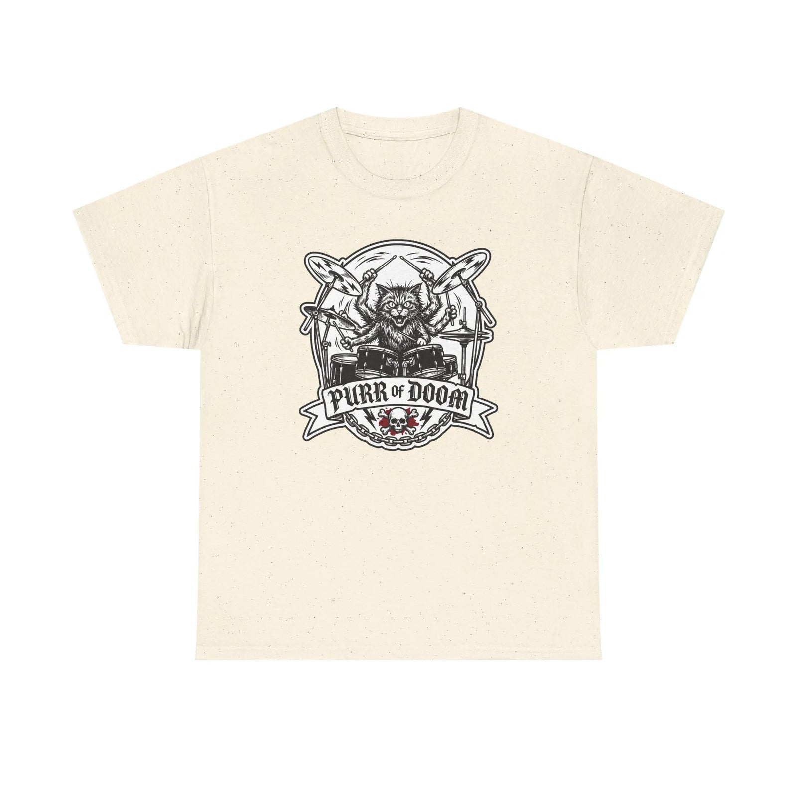 Heavy Metal Rocker Cat Drummer T-Shirt - Heavy Cotton Classic Fit Tee - Unisex White