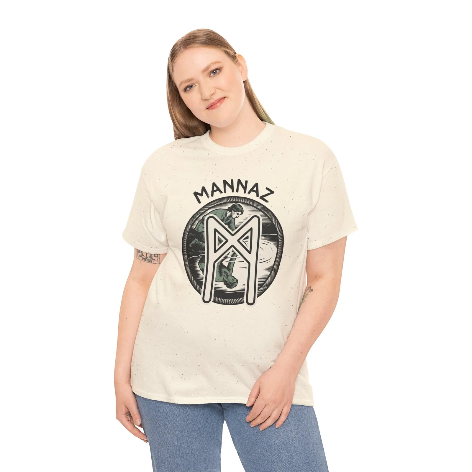 Mannaz Rune Reflection Graphic T-Shirt - Heavy Cotton Classic Fit Tee - Unisex White