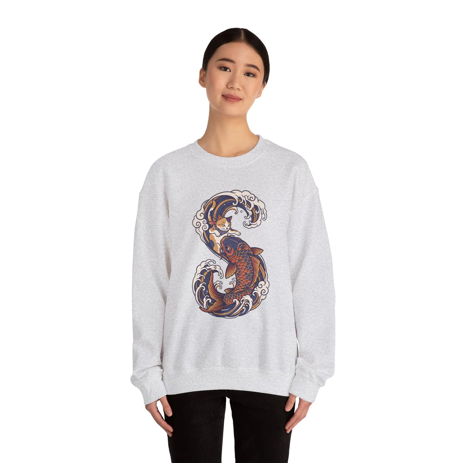 Koi Rider Ukiyo-e Samurai Cats Sweatshirt - Heavy Blend Fleece Crewneck - Unisex Ash