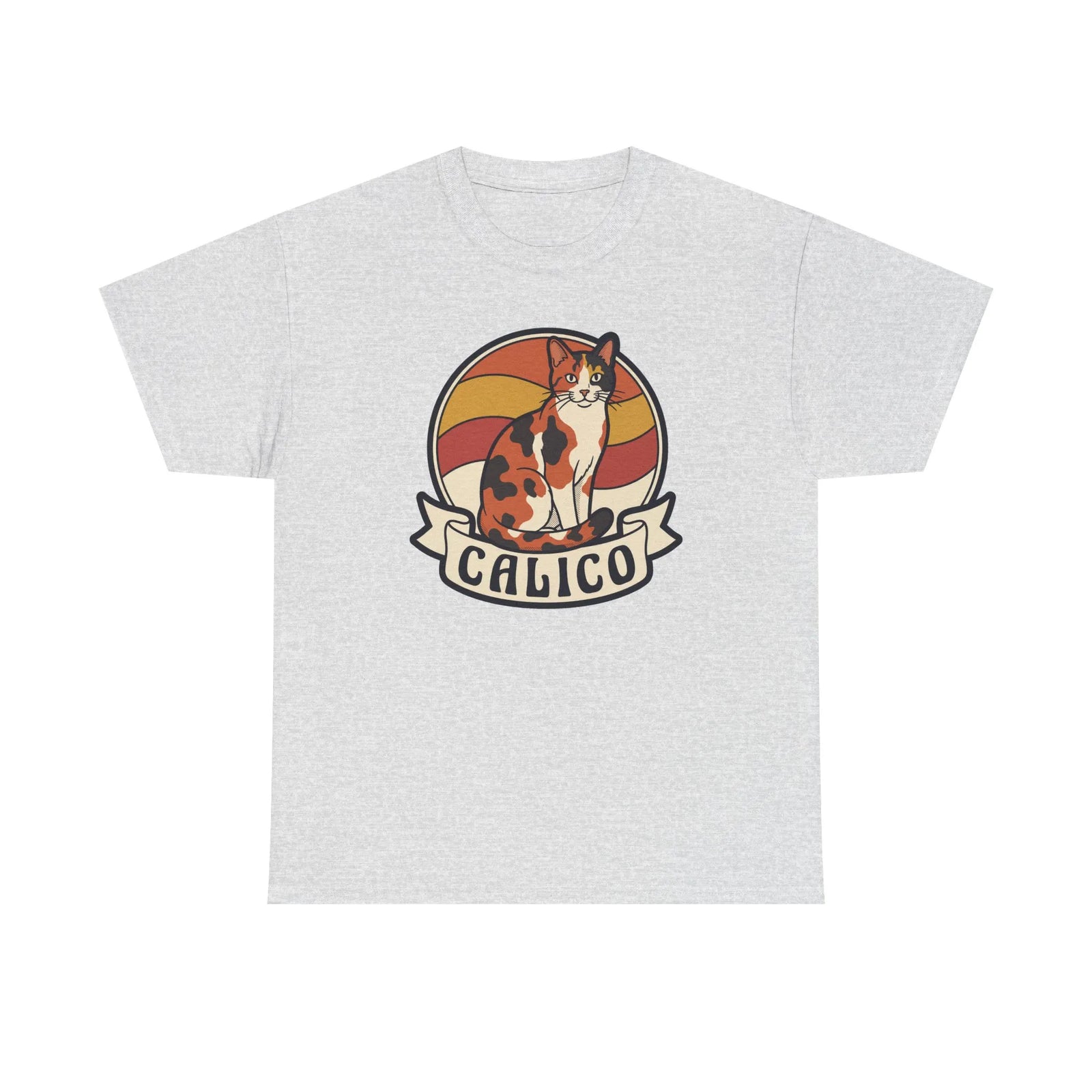 Calico Cat Retro Sunset Graphic T-Shirt - Heavyweight Classic Fit Tee - Unisex White