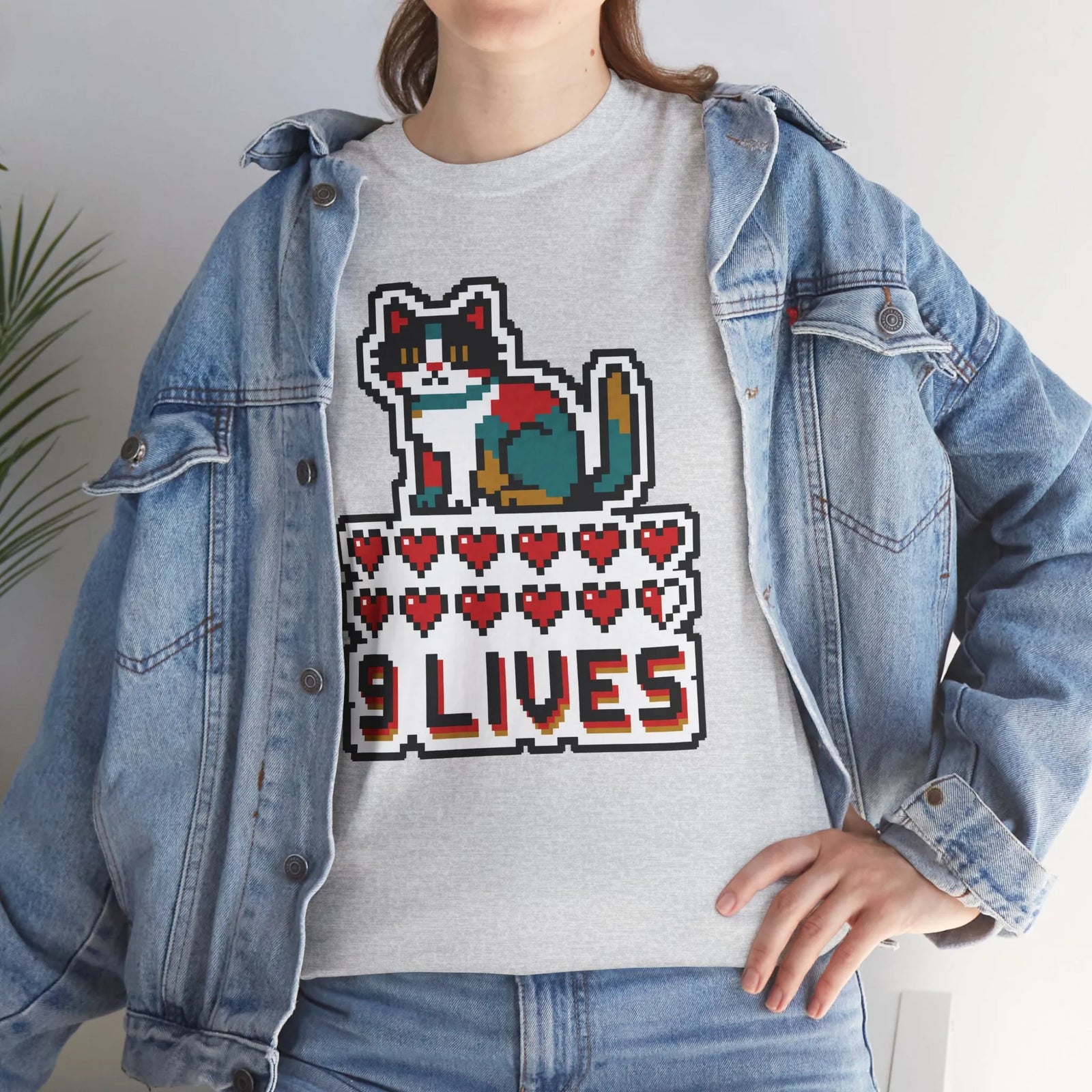 Nine Lives 8-Bit Pixel Gaming Cat T-Shirt - Heavy Cotton Classic Fit - Unisex White