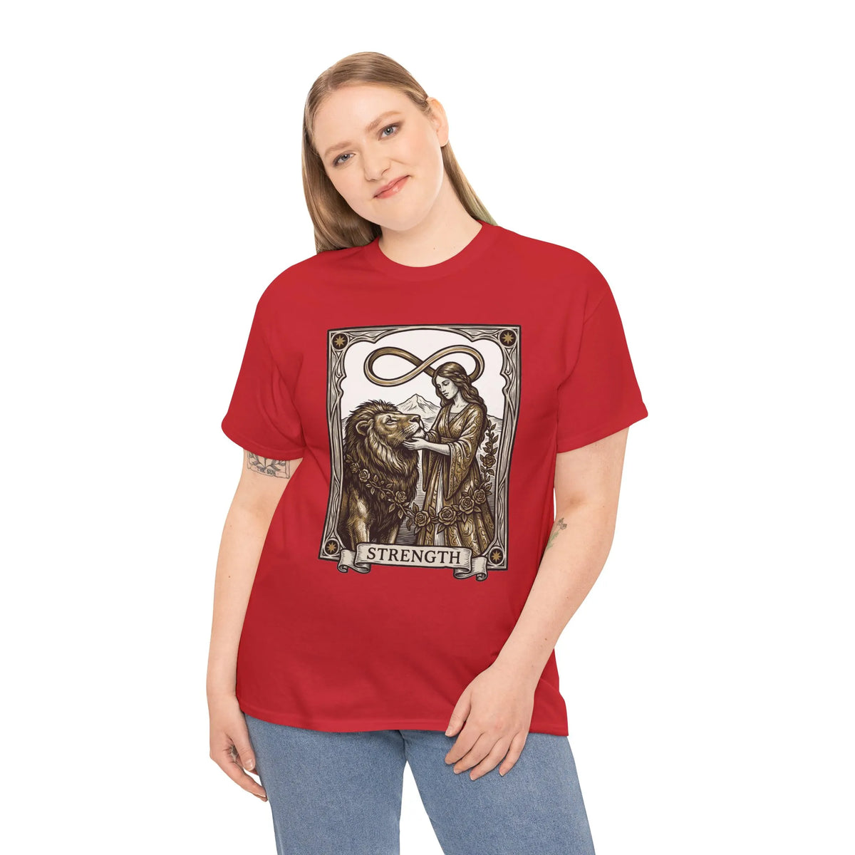 Tarot Strength Card Graphic T-Shirt - Heavy Cotton Classic Fit Crewneck - Unisex White