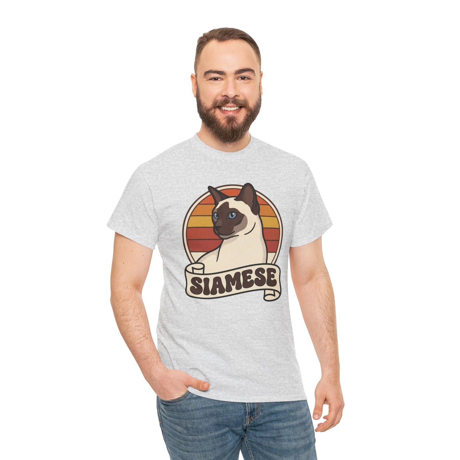 Siamese Cat Retro 70s Sunset T-Shirt - Heavy Cotton Classic Fit Tee - Unisex White