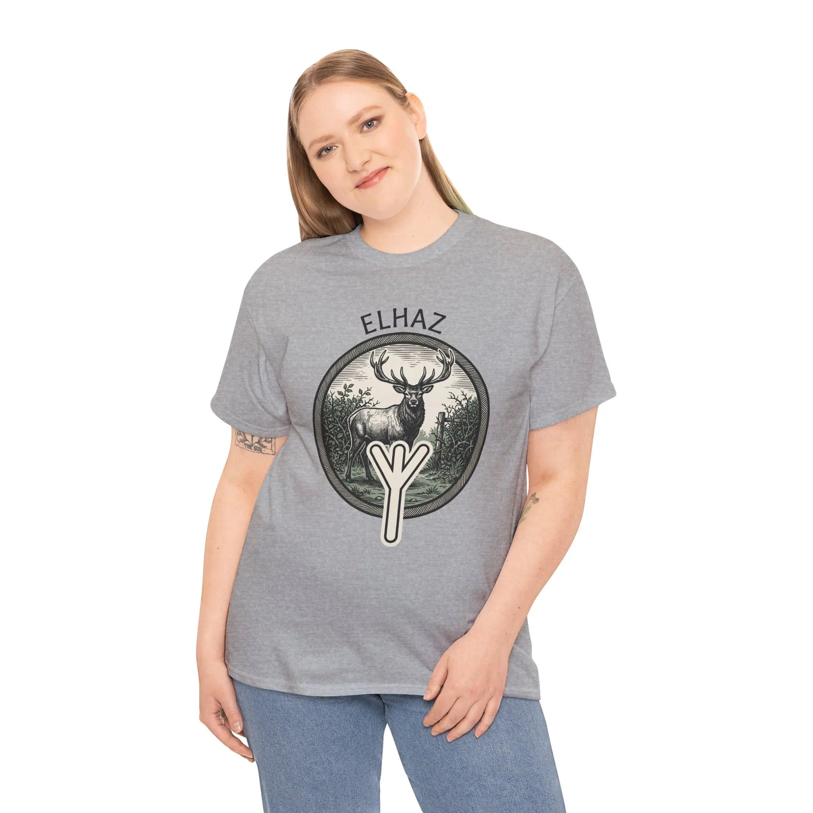 Elhaz Protection Rune Elk Graphic T-Shirt - Heavy Cotton Classic Fit Tee - Unisex White