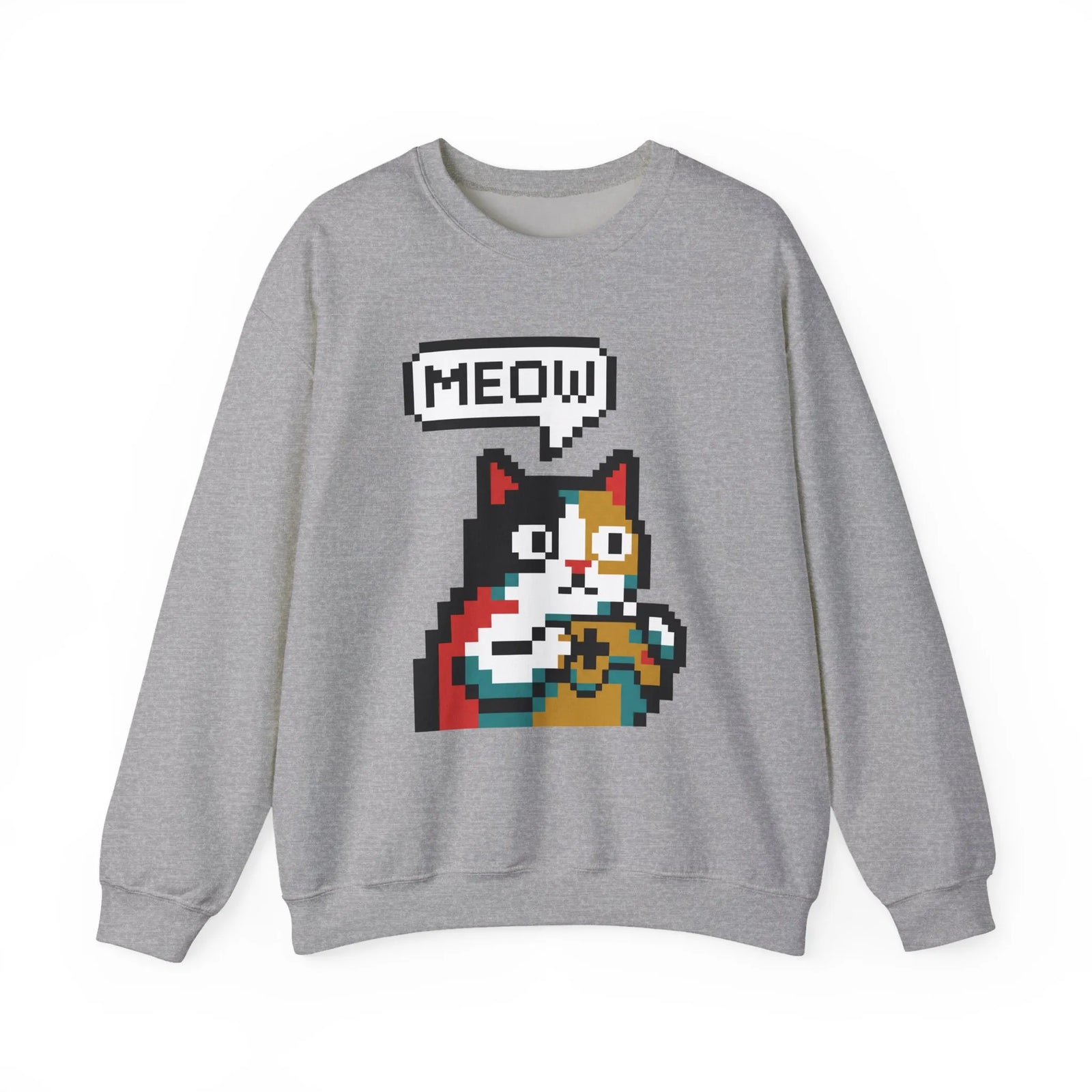 8-Bit Pixel Gaming Cat Sweatshirt - Heavy Blend Crewneck Classic Fit - Unisex White