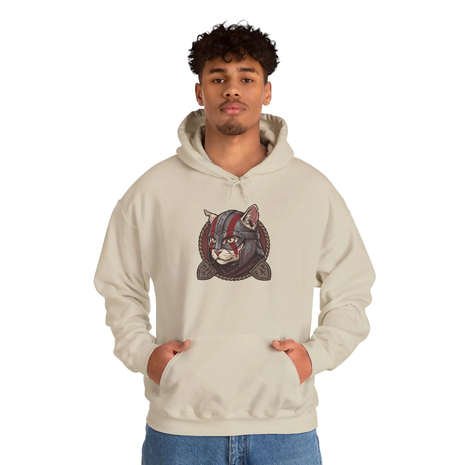 Viking Berserker Cat Warpaint Hoodie - Soft Cotton-Poly Fleece Pullover - Unisex Ash