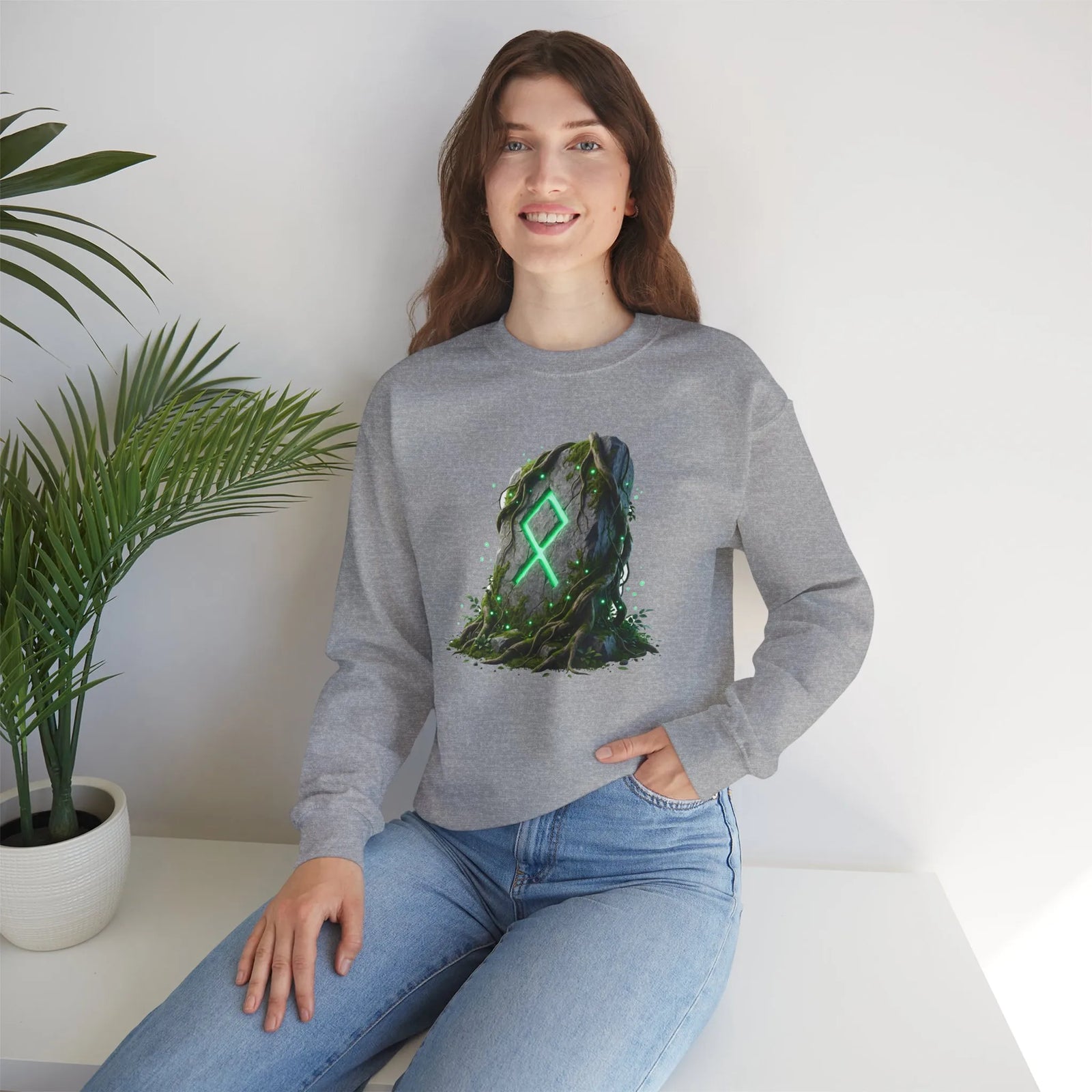 Othala Rune Ancient Stone Sweatshirt - Heavy Blend Cotton Polyester Crewneck - Unisex White