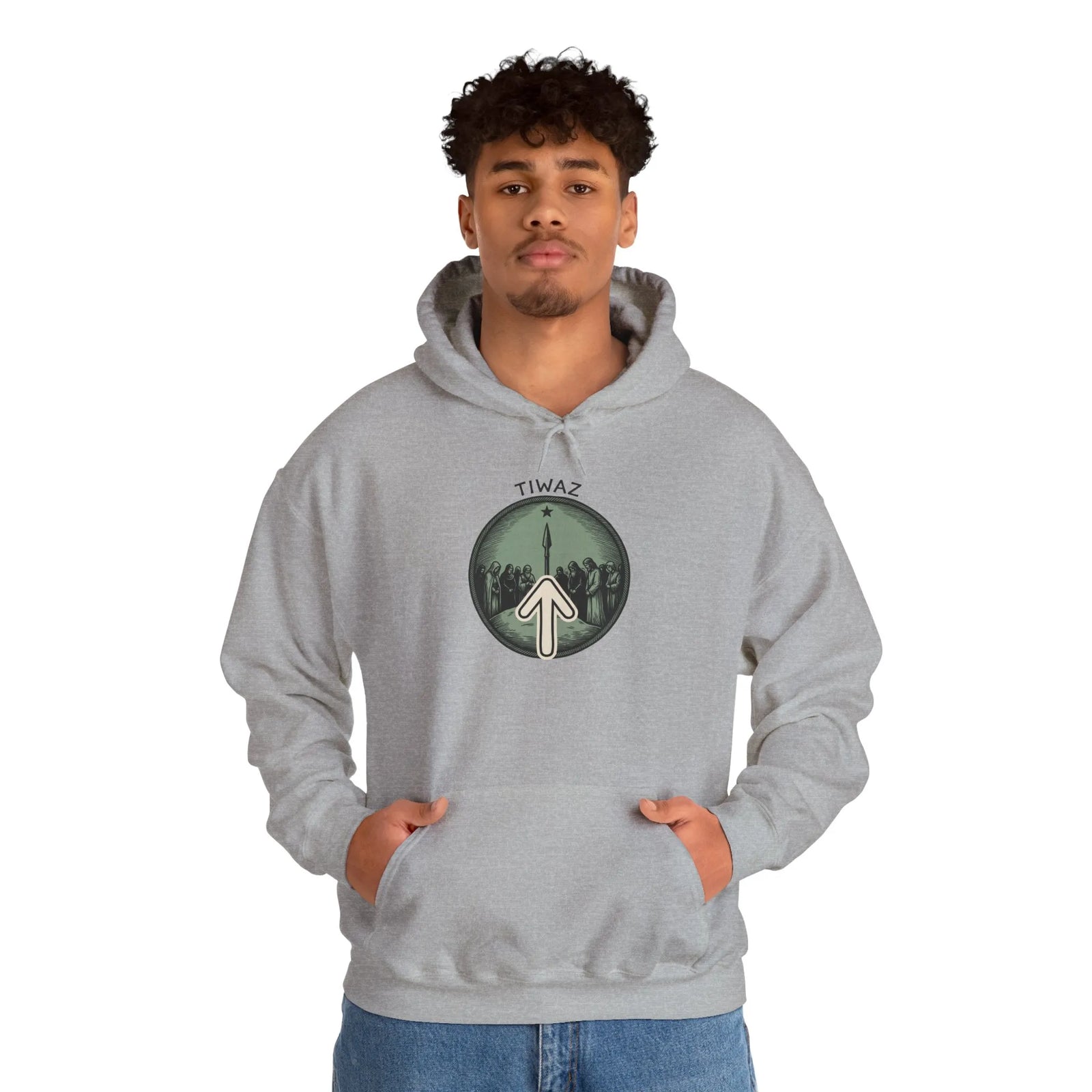 Tiwaz Rune Justice Symbol Hoodie - Heavy Blend Cotton-Poly Fleece Pullover - Unisex Off White