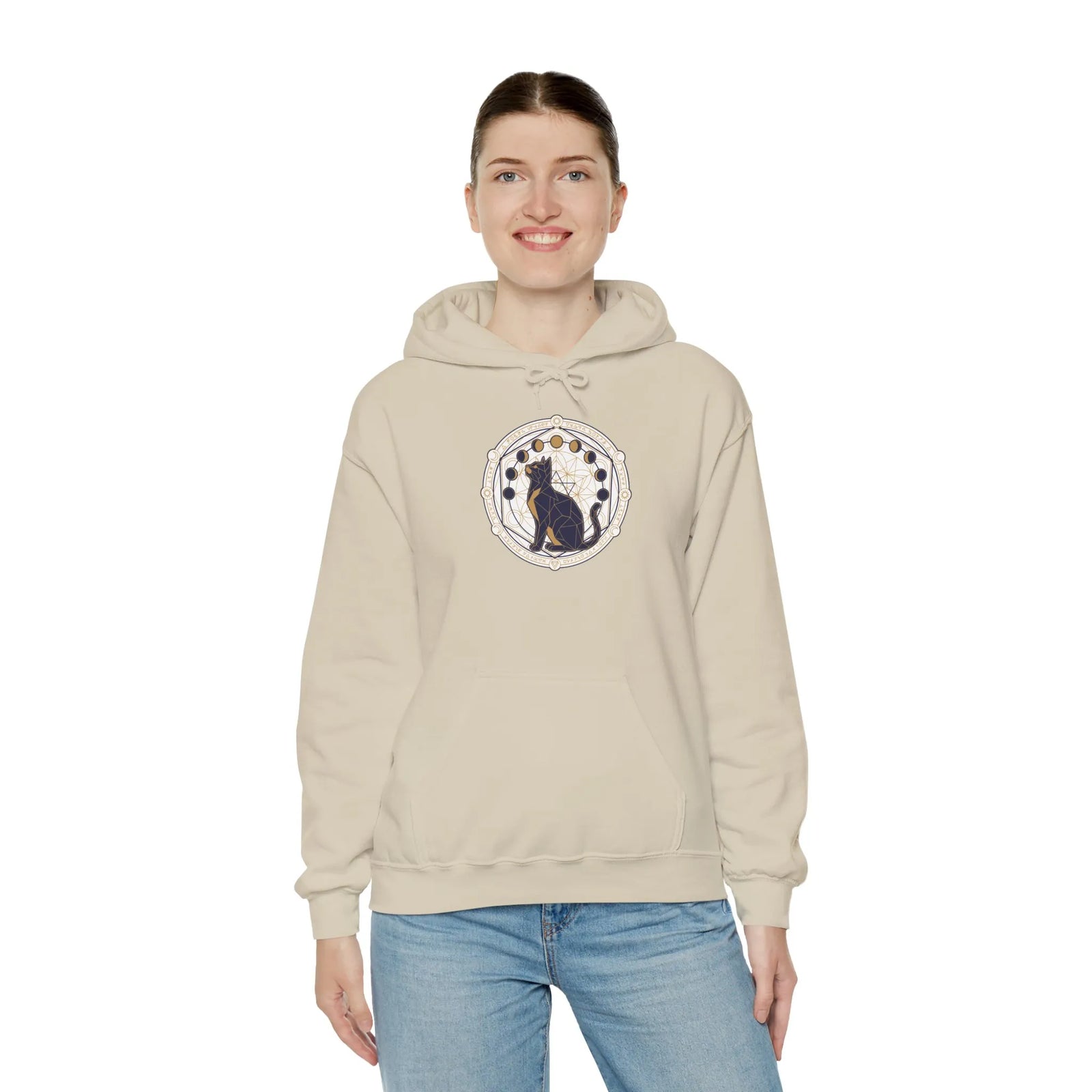 Moon Phases Sacred Geometry Cat Hoodie - Soft Fleece Pullover - Unisex White