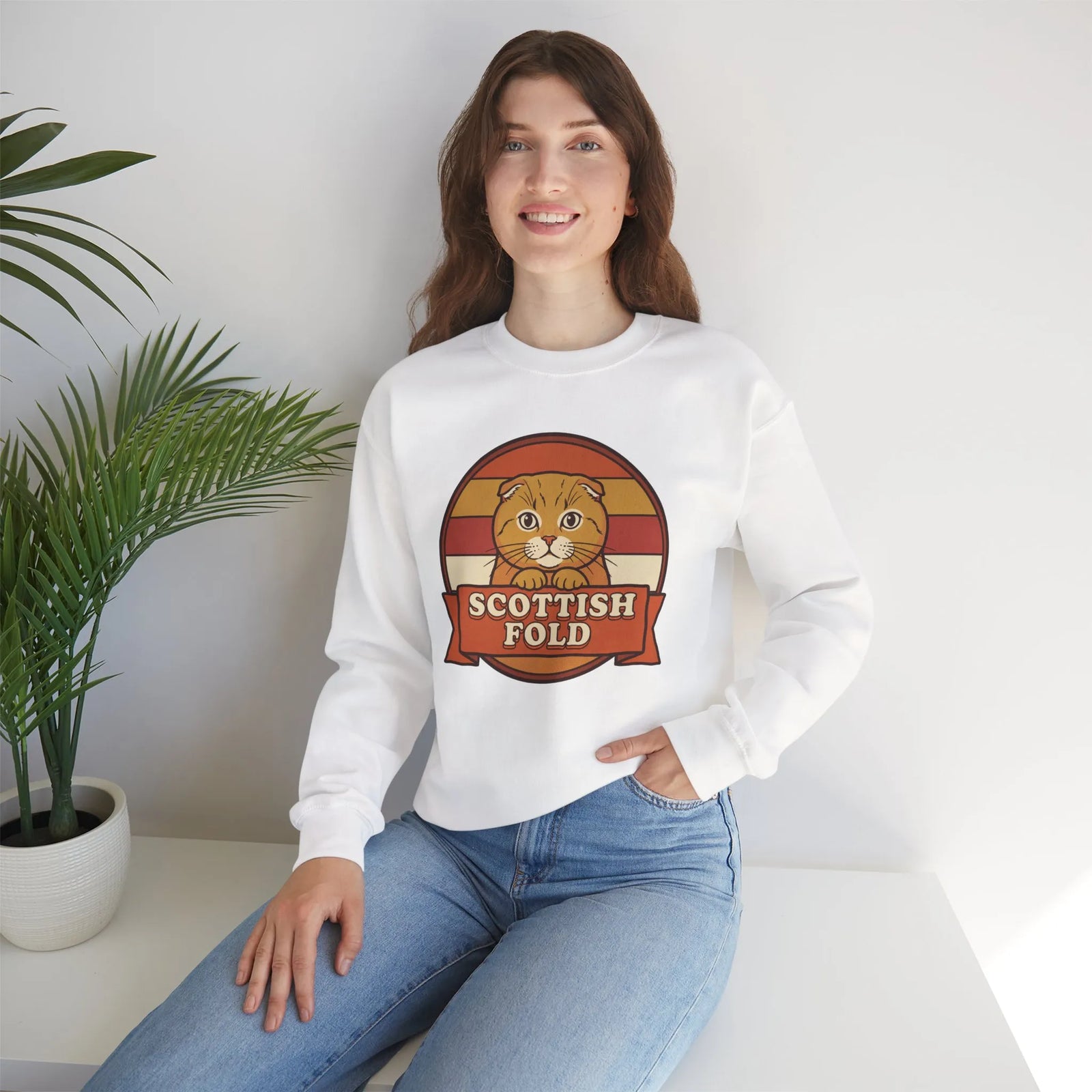 Scottish Fold Retro Sunset Sweatshirt - Heavyweight Cotton Blend Crewneck - Unisex White