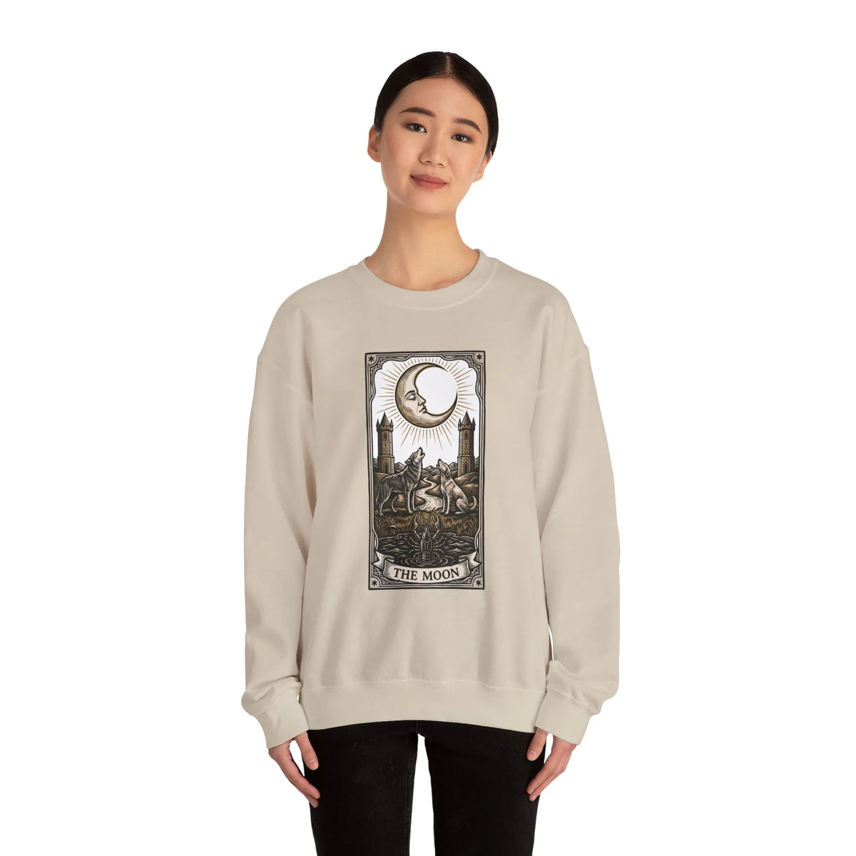Moon Tarot Card Wolves Graphic Sweatshirt - Heavy Blend Fleece Crewneck - Unisex White
