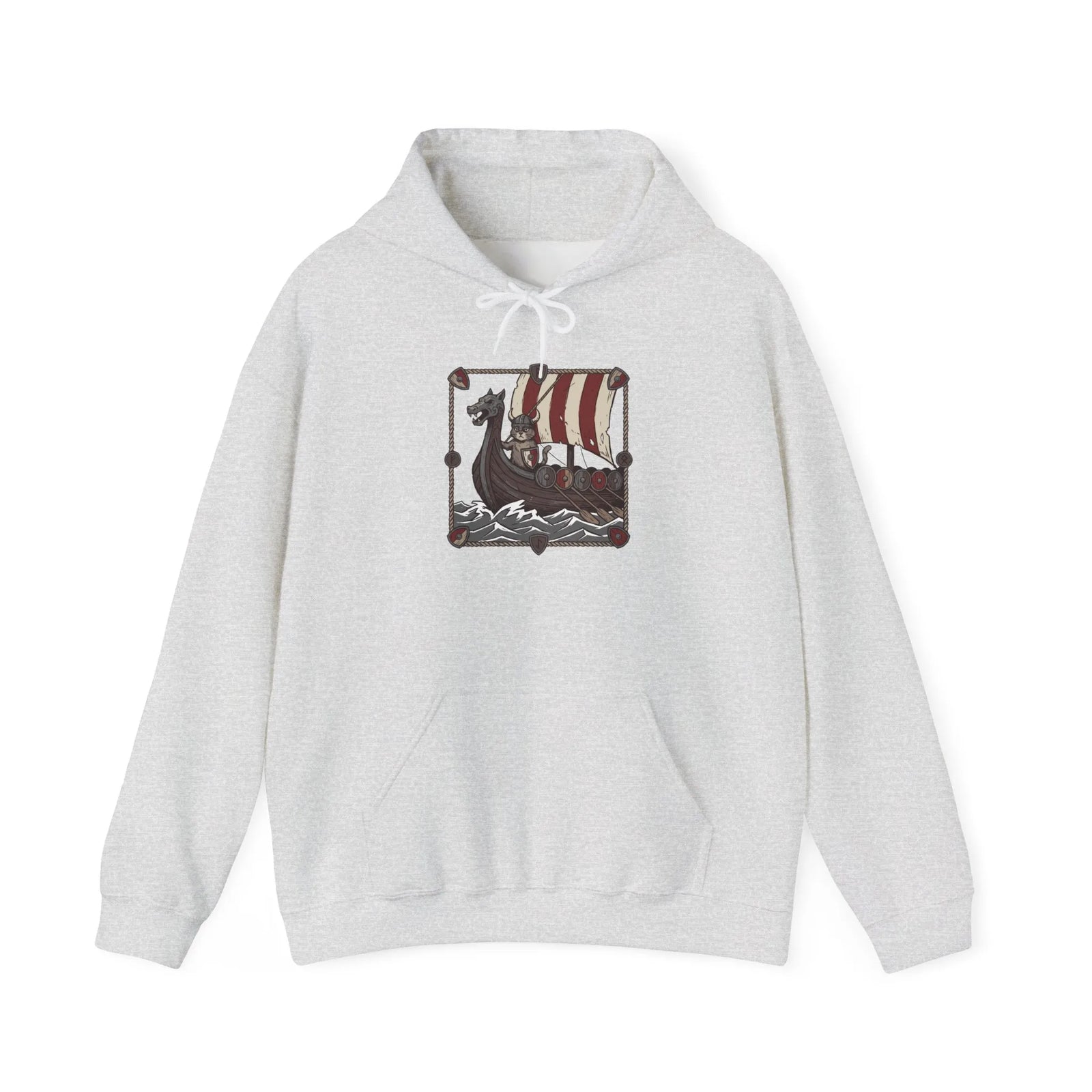 Viking Berserker Cats Longship Hoodie - Warm Cotton-Poly Fleece Pullover - Unisex White