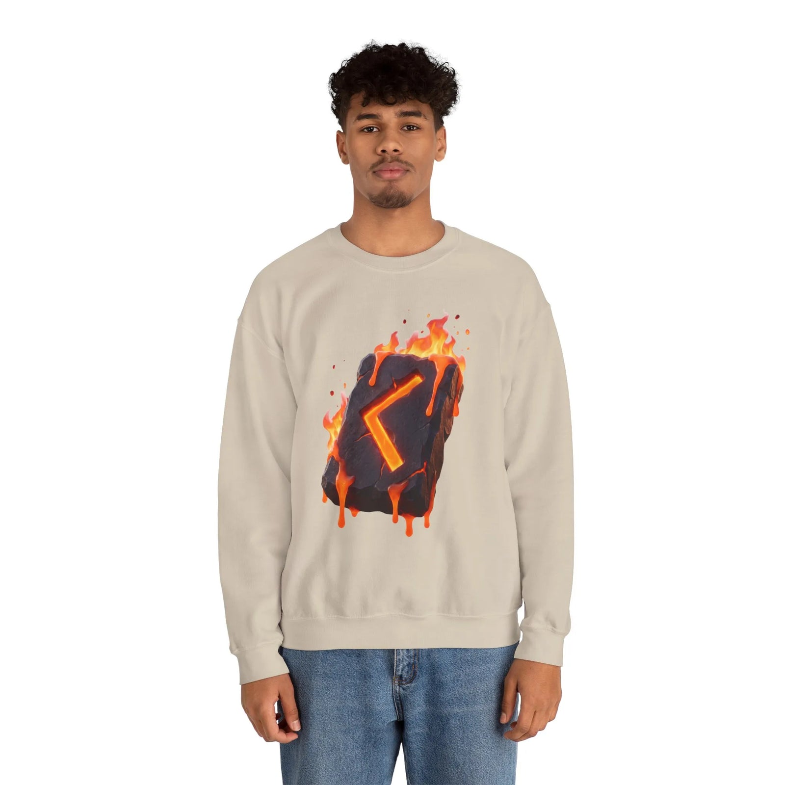 Kenaz Rune Fire Graphic Sweatshirt - Heavy Blend Fleece Crewneck - Unisex White