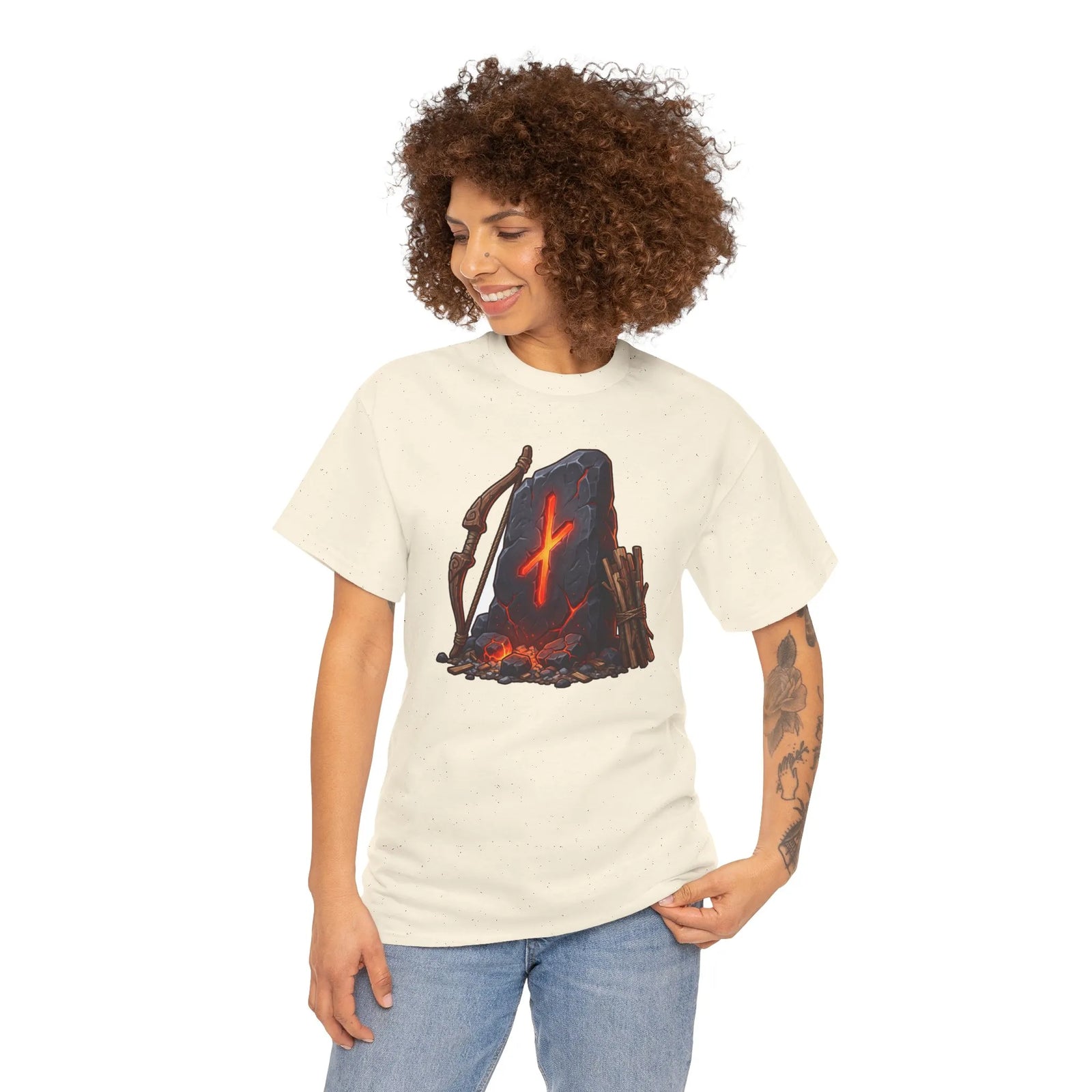 Nauthiz Rune Need-Fire Graphic T-Shirt - Heavyweight 100% Cotton Classic Fit - Unisex White