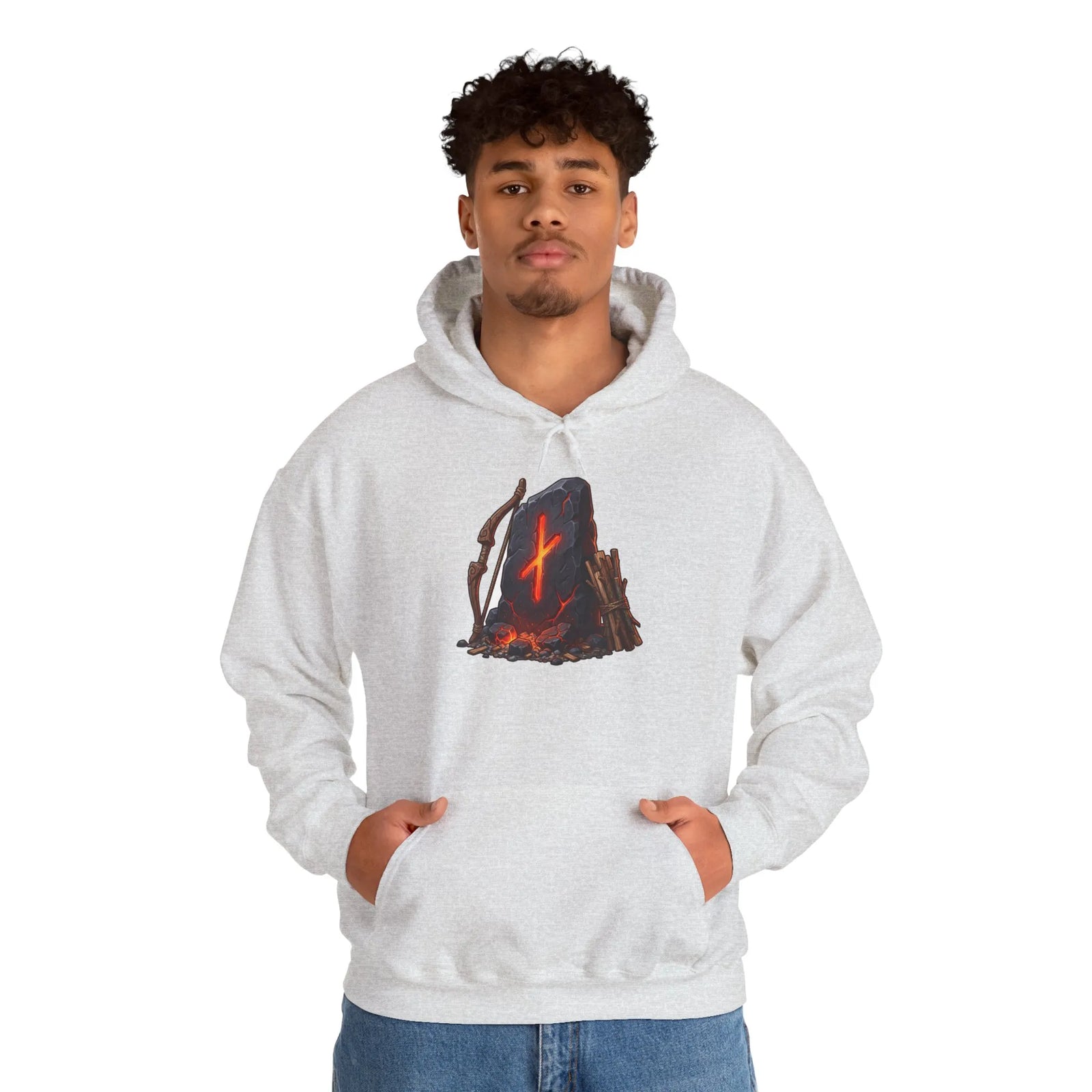 Nauthiz Rune Need-Fire Graphic Hoodie - Soft Cotton Blend Pullover - Unisex White