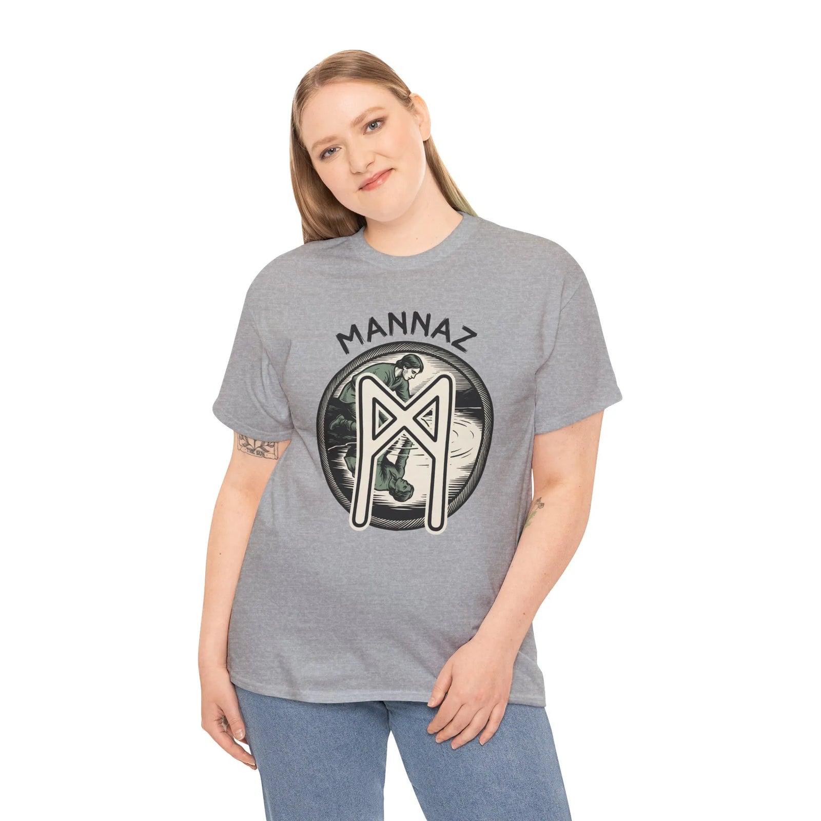 Mannaz Rune Reflection Graphic T-Shirt - Heavy Cotton Classic Fit Tee - Unisex White