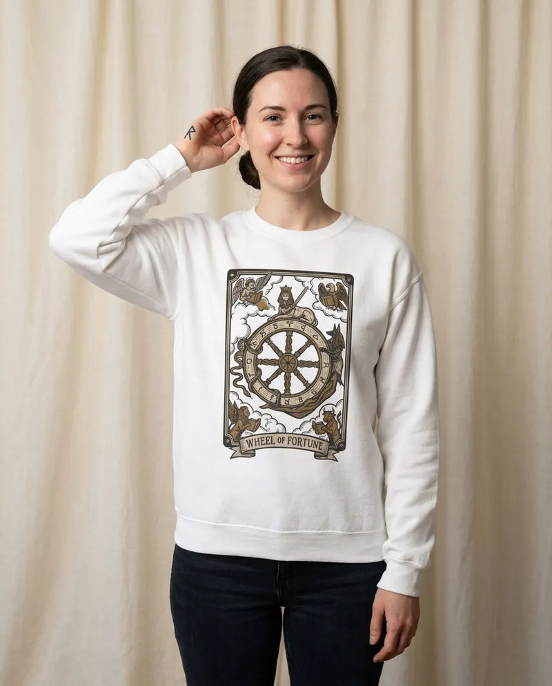 Wheel of Fortune Tarot Card Sweatshirt - Heavy Blend Crewneck Fleece - Unisex White