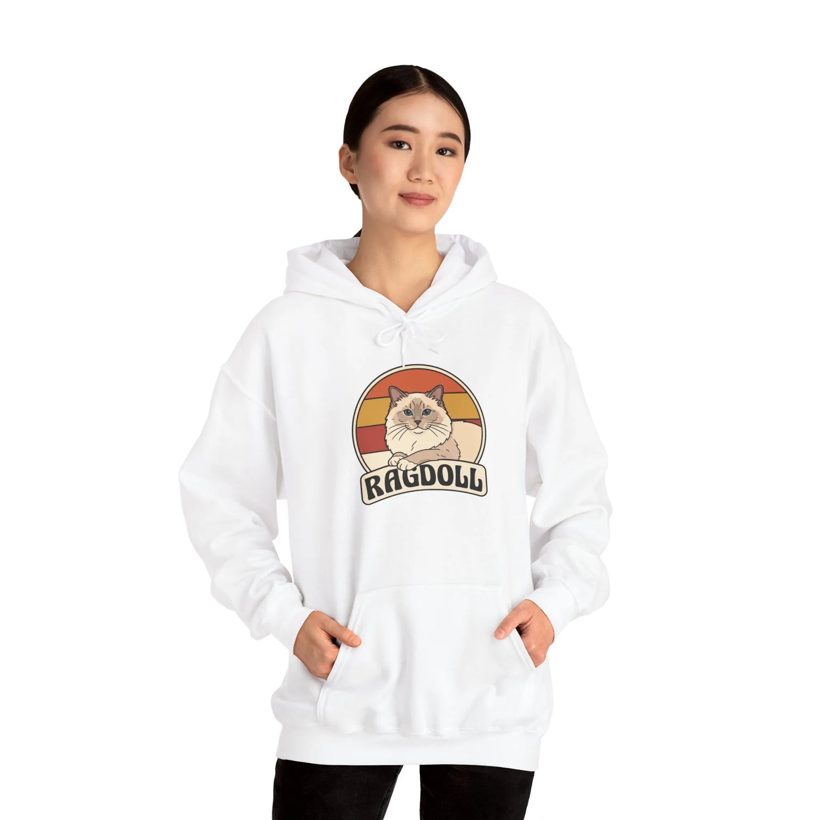Ragdoll Cat Retro 70s Sunset Hoodie - Soft Blend Fleece Pullover Hoodie - Unisex White