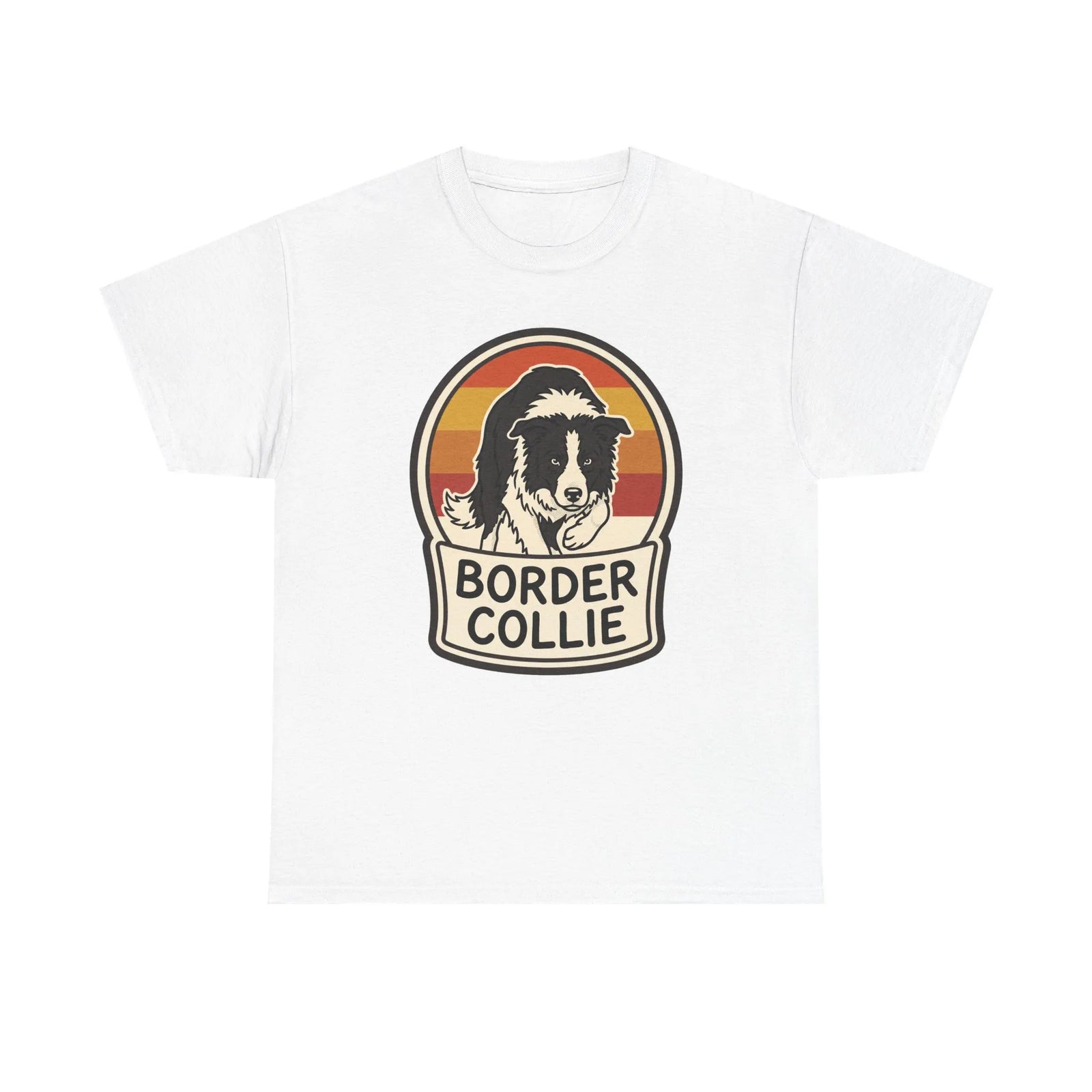 Border Collie Retro 70s Sunset T-Shirt - Heavy Cotton Classic Fit Tee - Unisex White