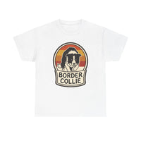 Border Collie Retro 70s Sunset T-Shirt - Heavy Cotton Classic Fit Tee - Unisex White