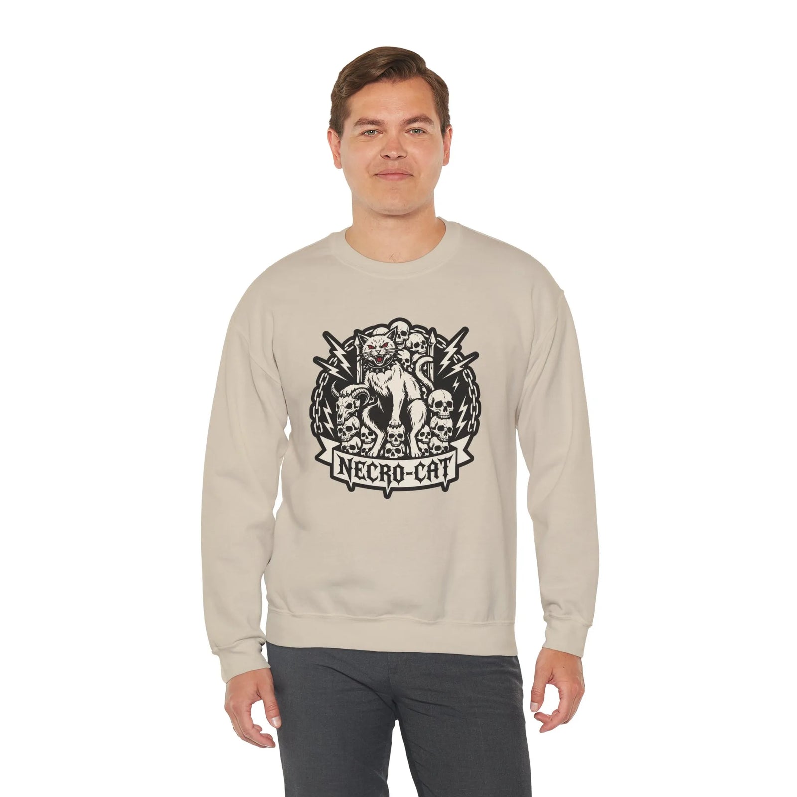 Skull Throne Heavy Metal Cats Sweatshirt - Heavy Blend Fleece Crewneck - Unisex White