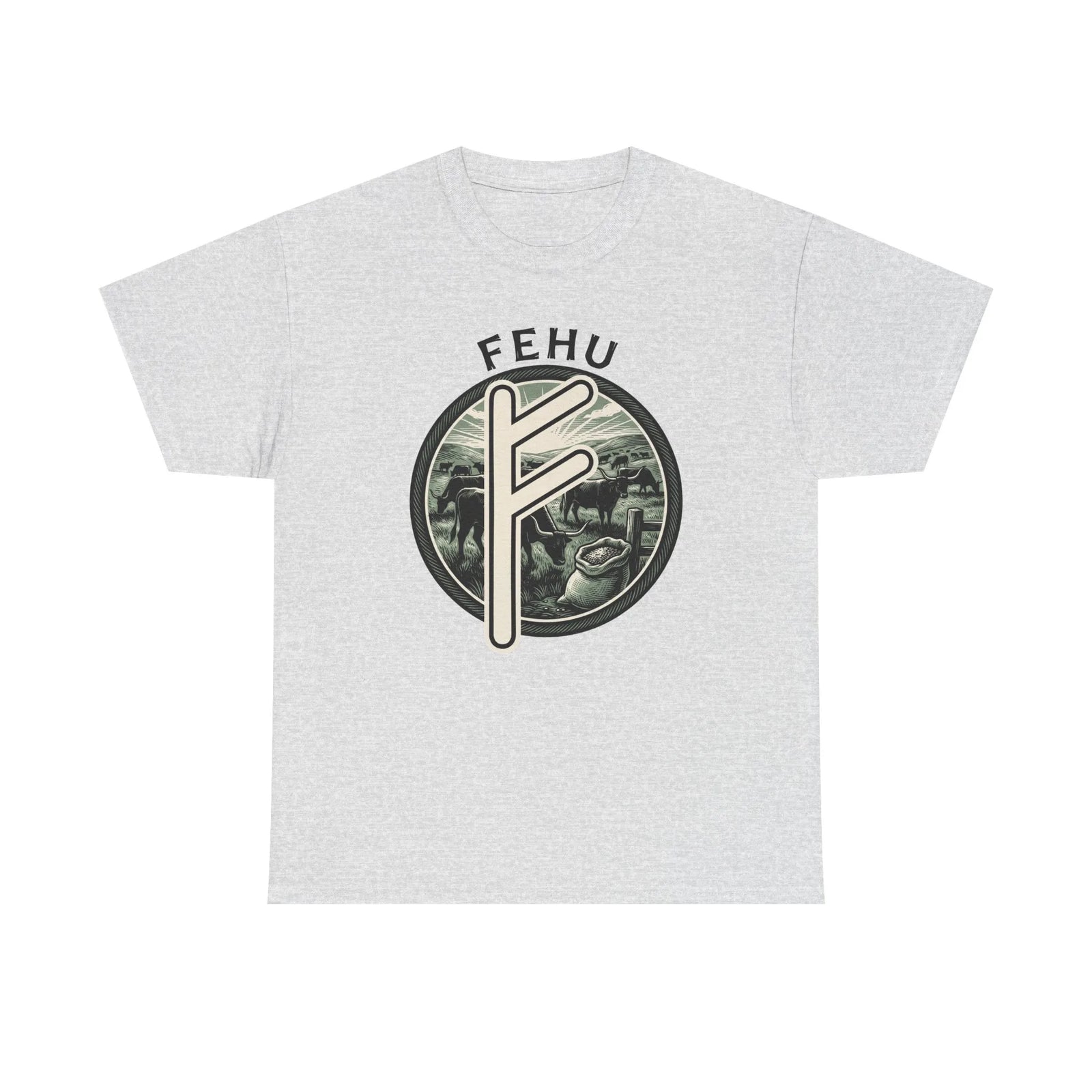 Fehu Rune Wealth Symbol T-Shirt - Heavy Cotton Classic Fit Tee - Unisex White