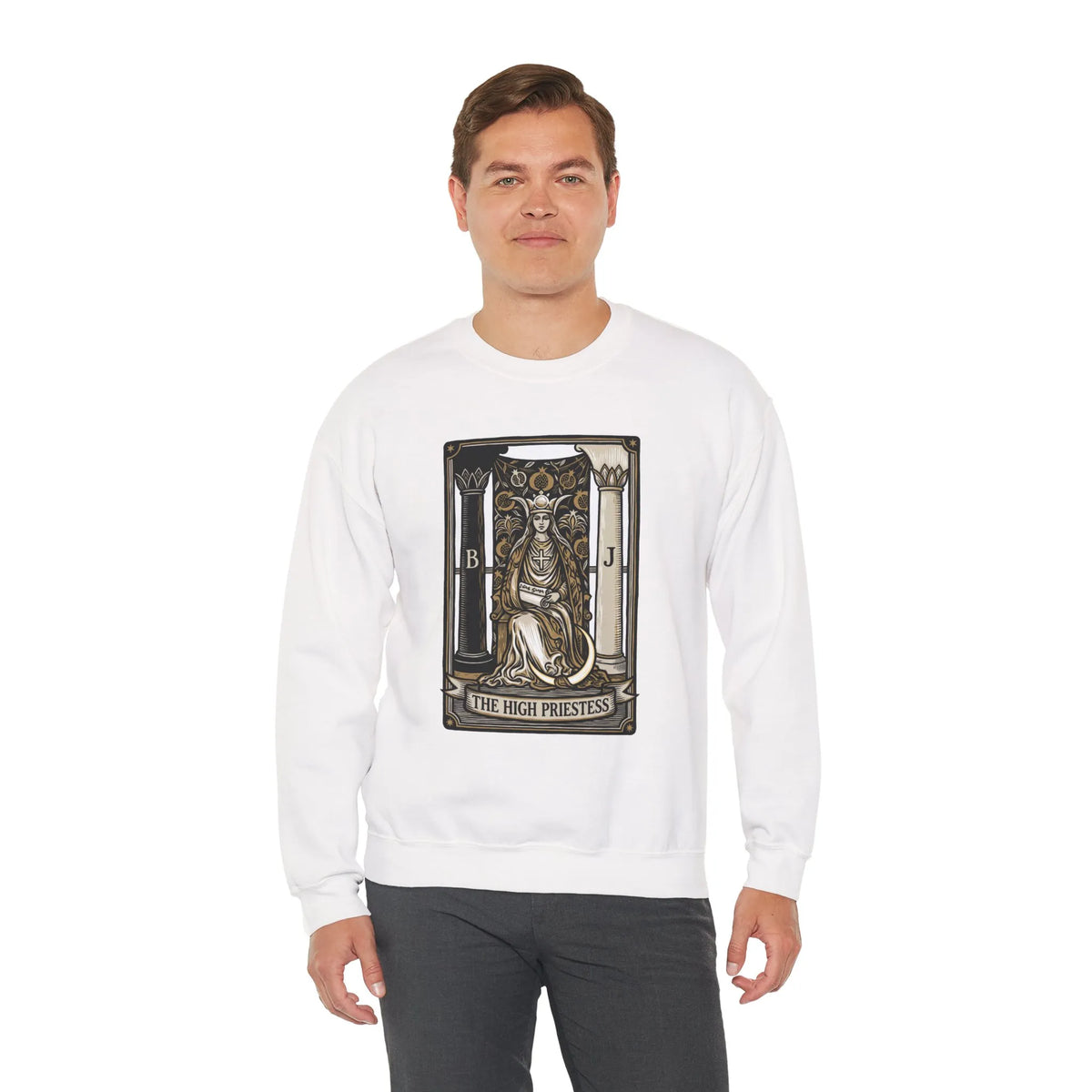 The High Priestess Tarot Card Sweatshirt - Heavy Blend Fleece Crewneck - Unisex White