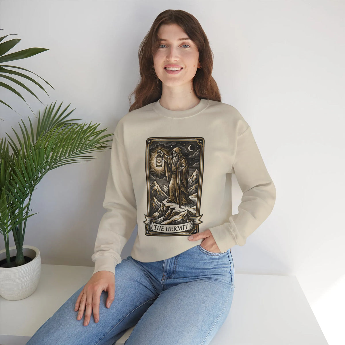 The Hermit Tarot Card Sweatshirt - Heavy Blend Crewneck Fleece - Unisex Off White