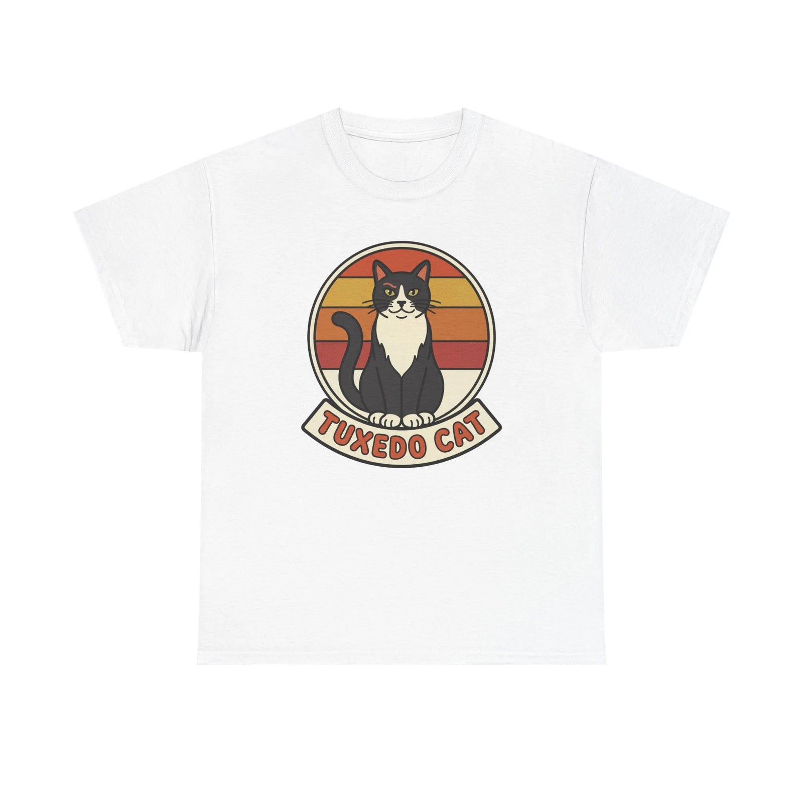 Tuxedo Cat Retro Sunset Graphic T-Shirt - Heavy Cotton Classic Fit Tee - Unisex White