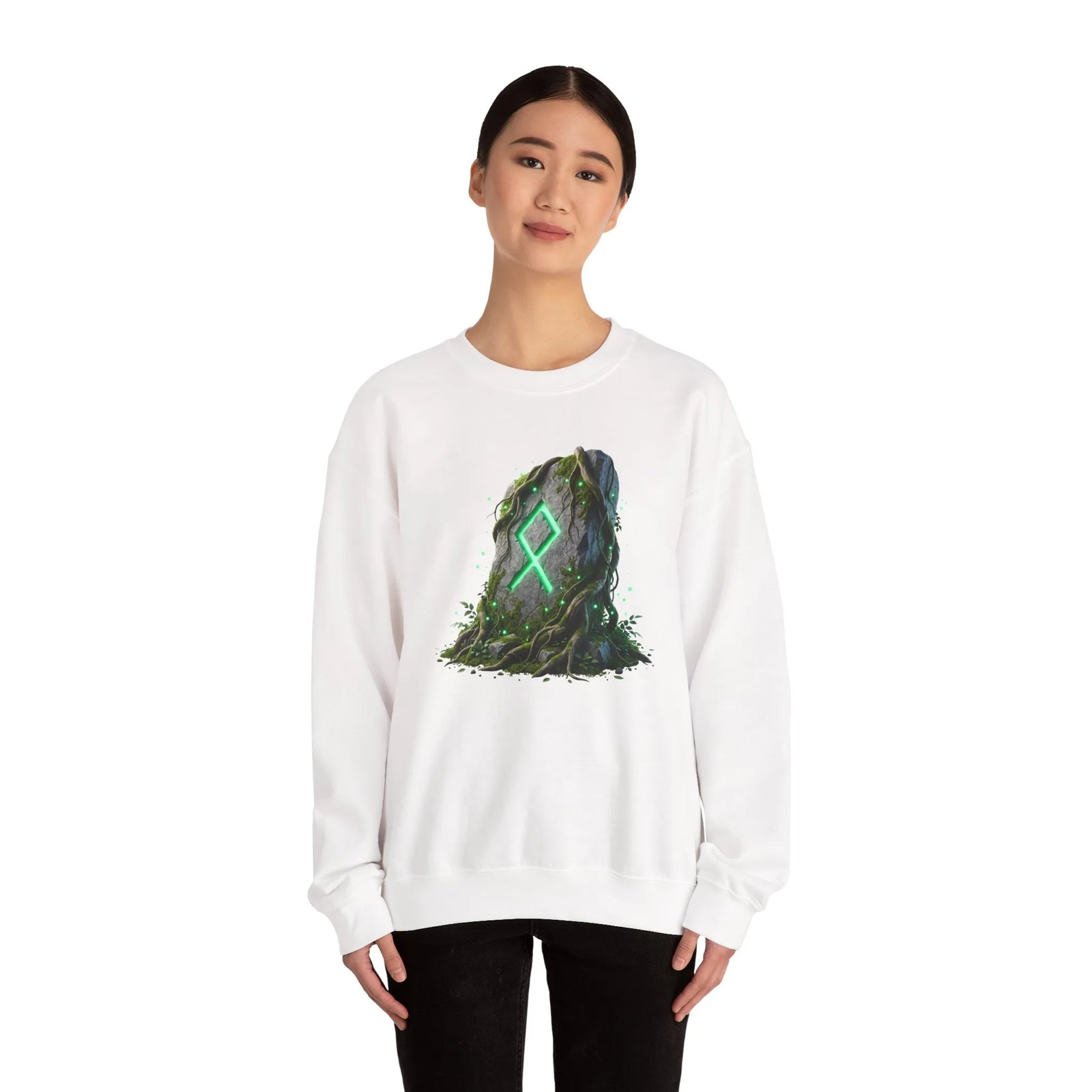 Othala Rune Ancient Stone Sweatshirt - Heavy Blend Cotton Polyester Crewneck - Unisex White