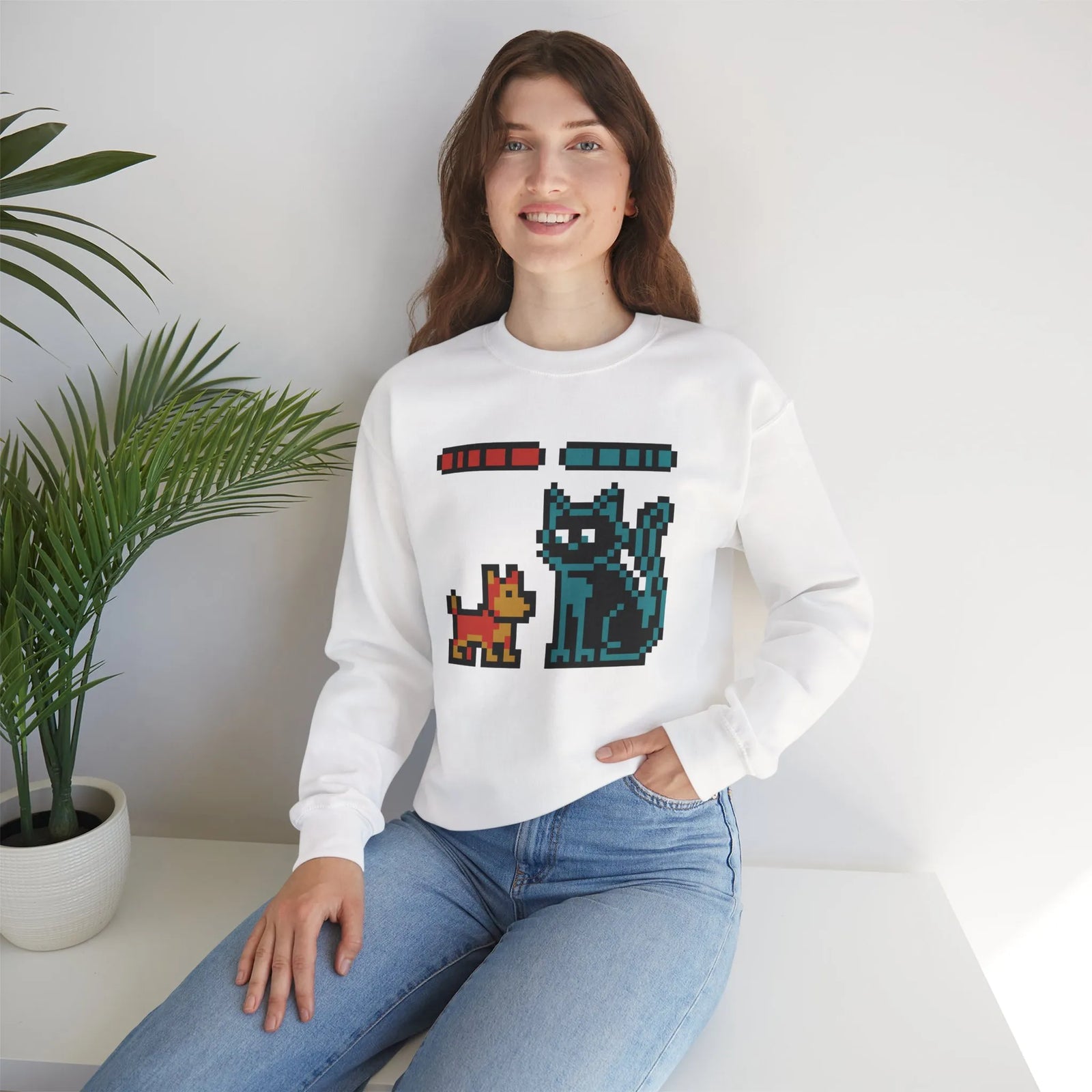 Pixel Gaming Dogs Boss Fight Sweatshirt - Heavy Blend Fleece Crewneck - Unisex White